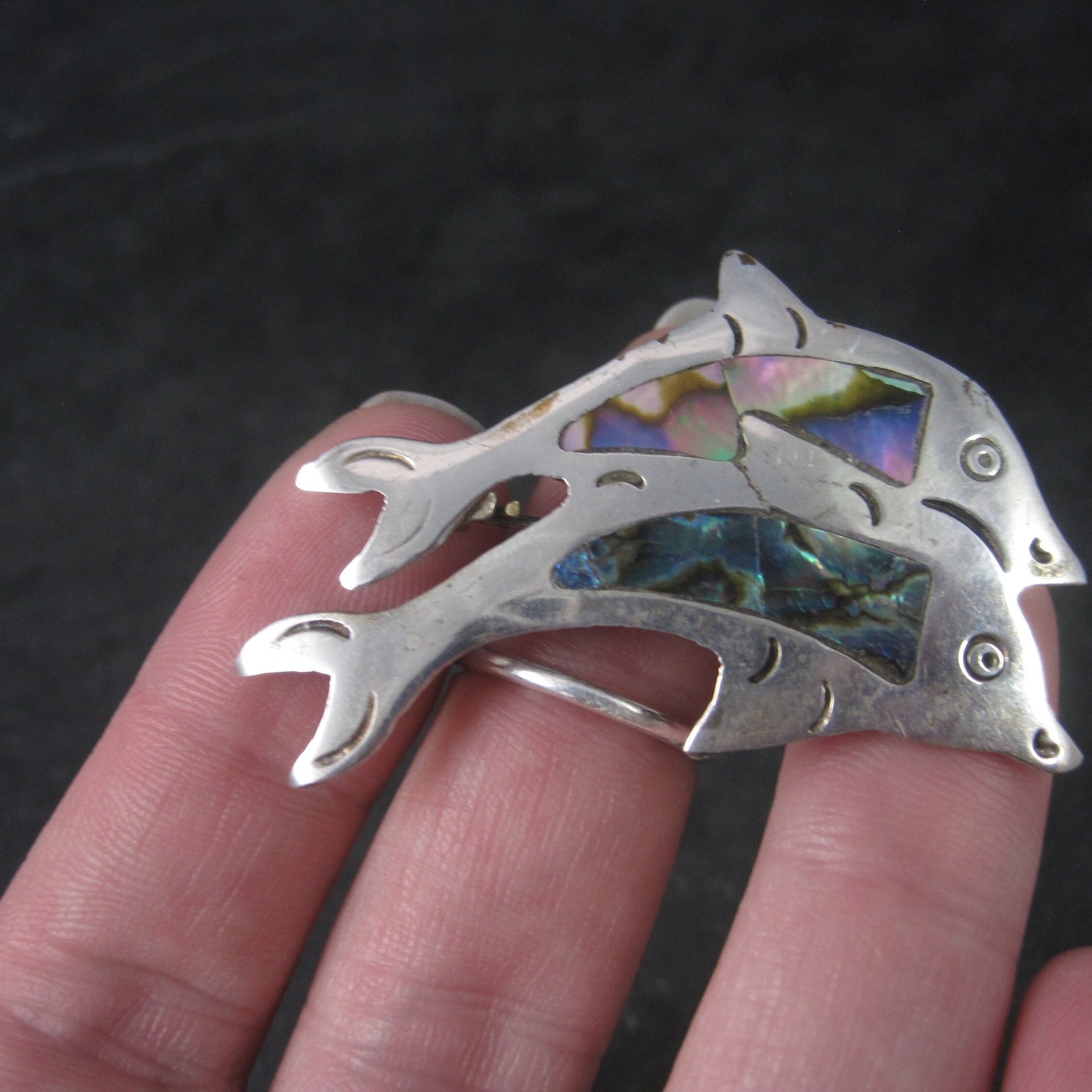 Vintage Alpaca Mexico Abalone Dolphin Brooch