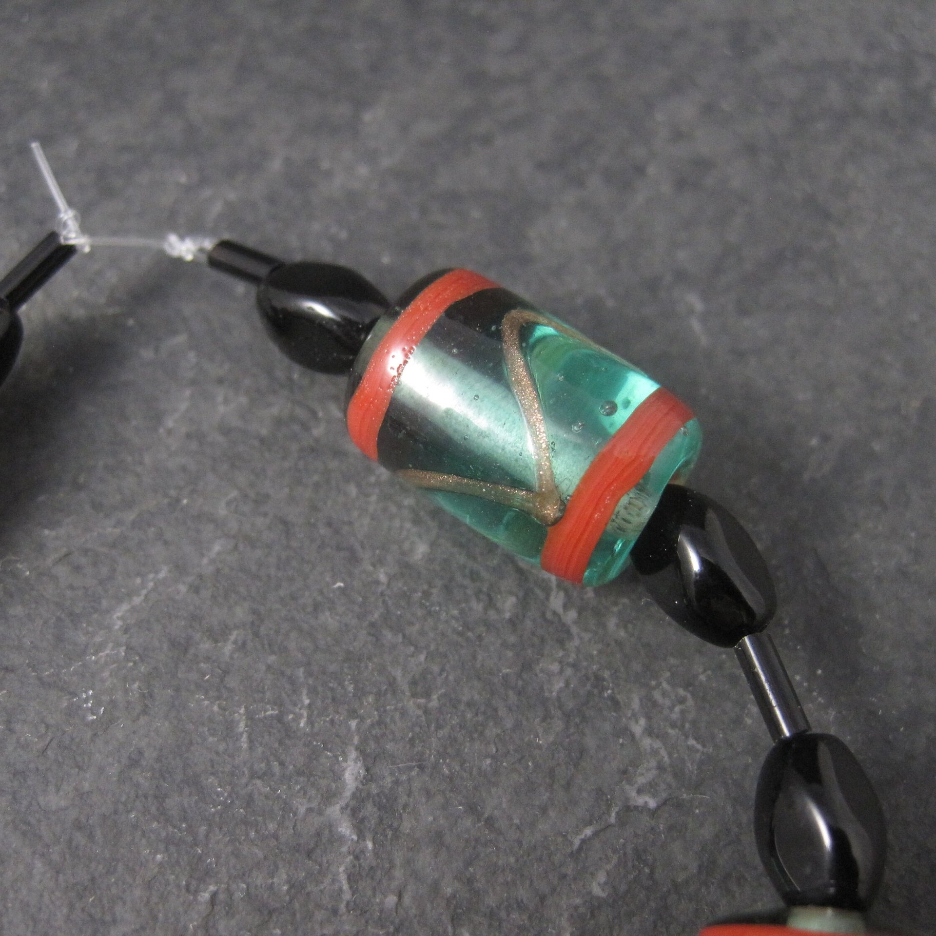 Vintage Handmade Green Orange Venetian Glass Bead Strand