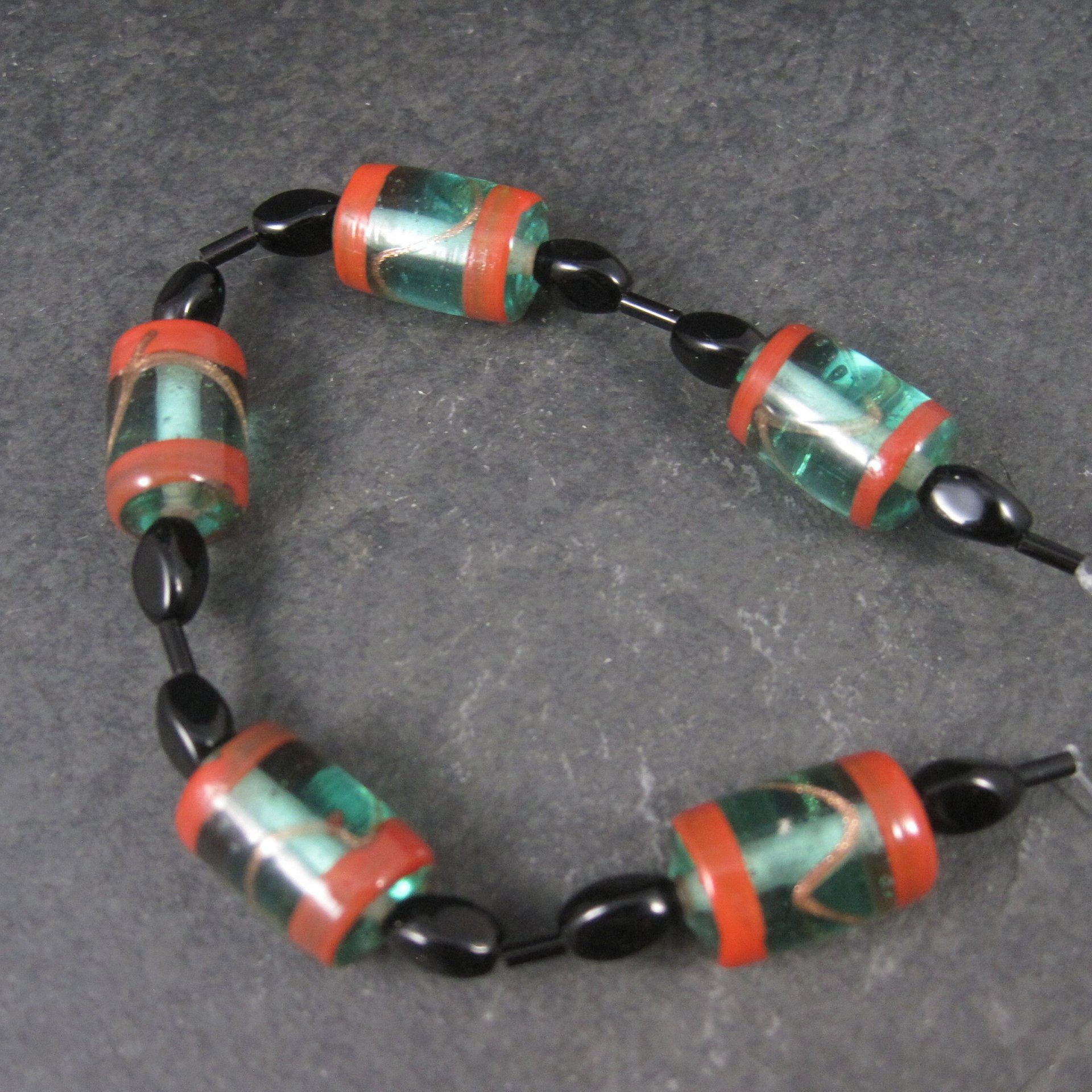 Vintage Handmade Green Orange Venetian Glass Bead Strand