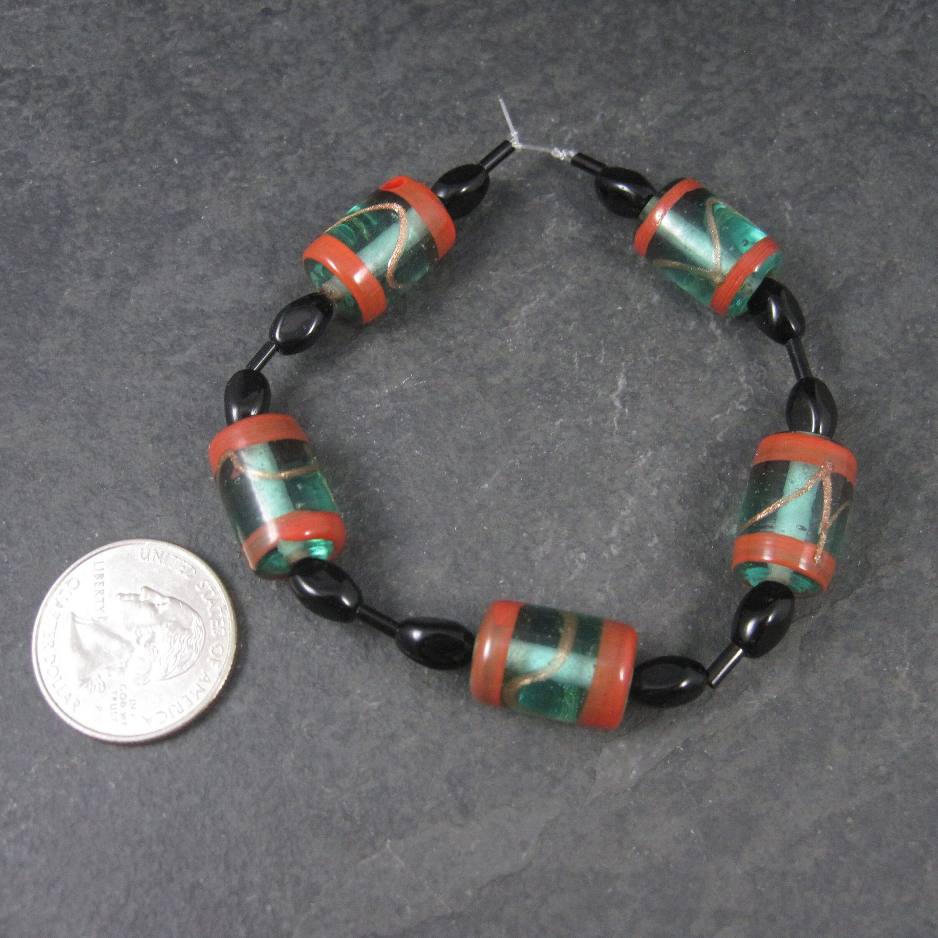 Vintage Handmade Green Orange Venetian Glass Bead Strand