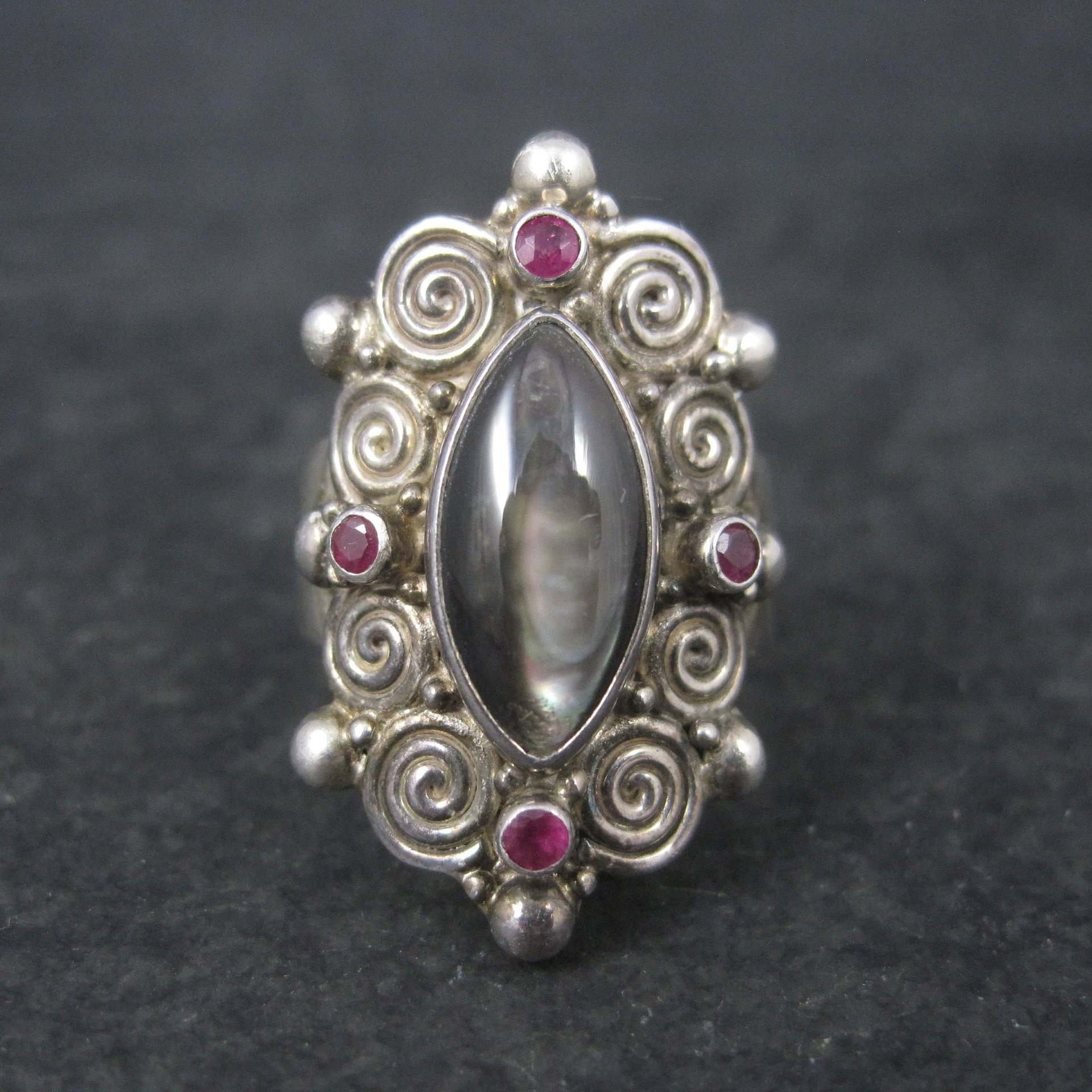 Vintage Sajen Black Mother of Pearl Ruby Ring Size 8