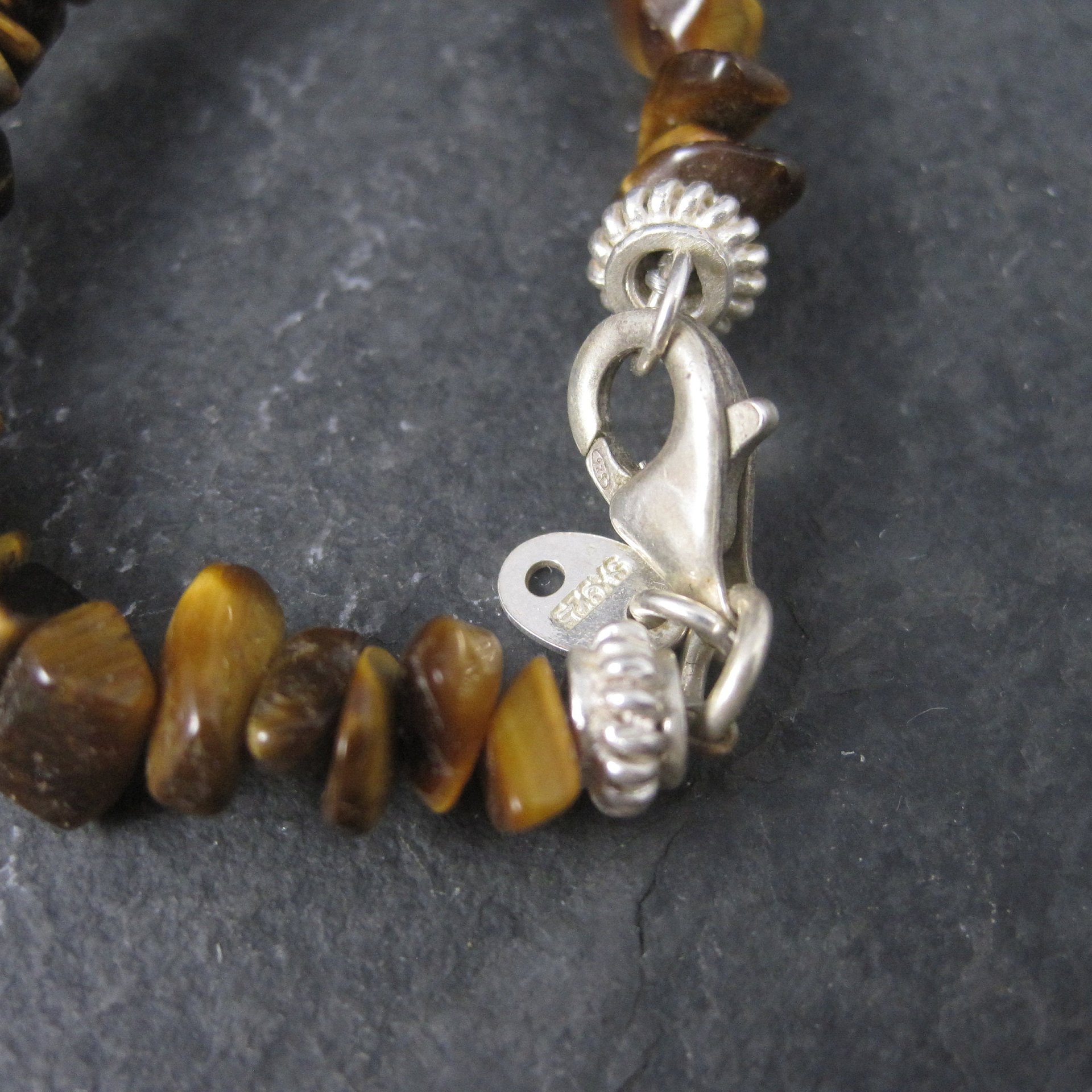 Vintage Sterling Opera Length Tigers Eye Bead Necklace 40 Inches