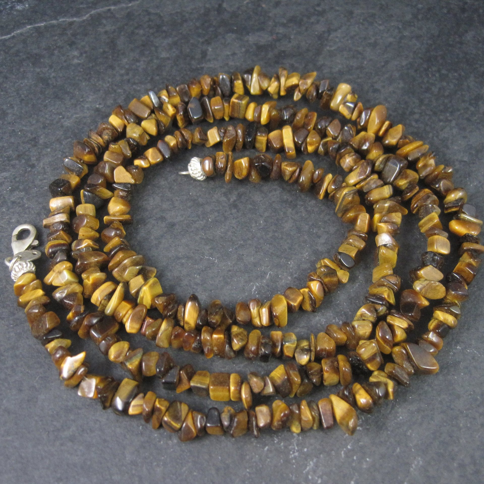 Vintage Sterling Opera Length Tigers Eye Bead Necklace 40 Inches