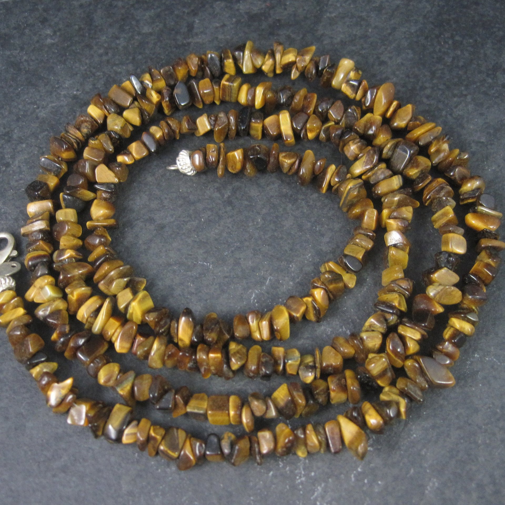 Vintage Sterling Opera Length Tigers Eye Bead Necklace 40 Inches
