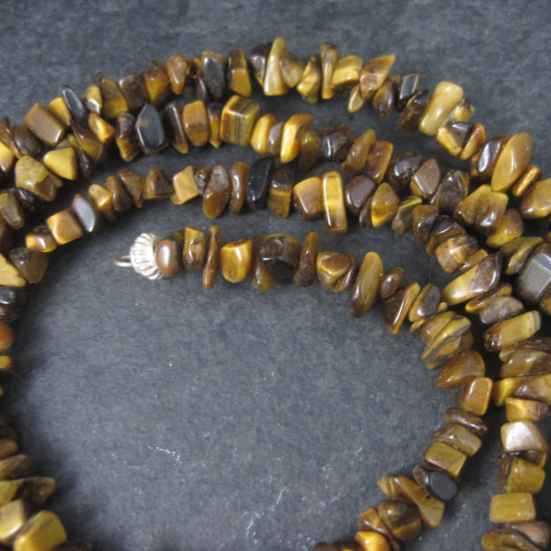 Vintage Sterling Opera Length Tigers Eye Bead Necklace 40 Inches