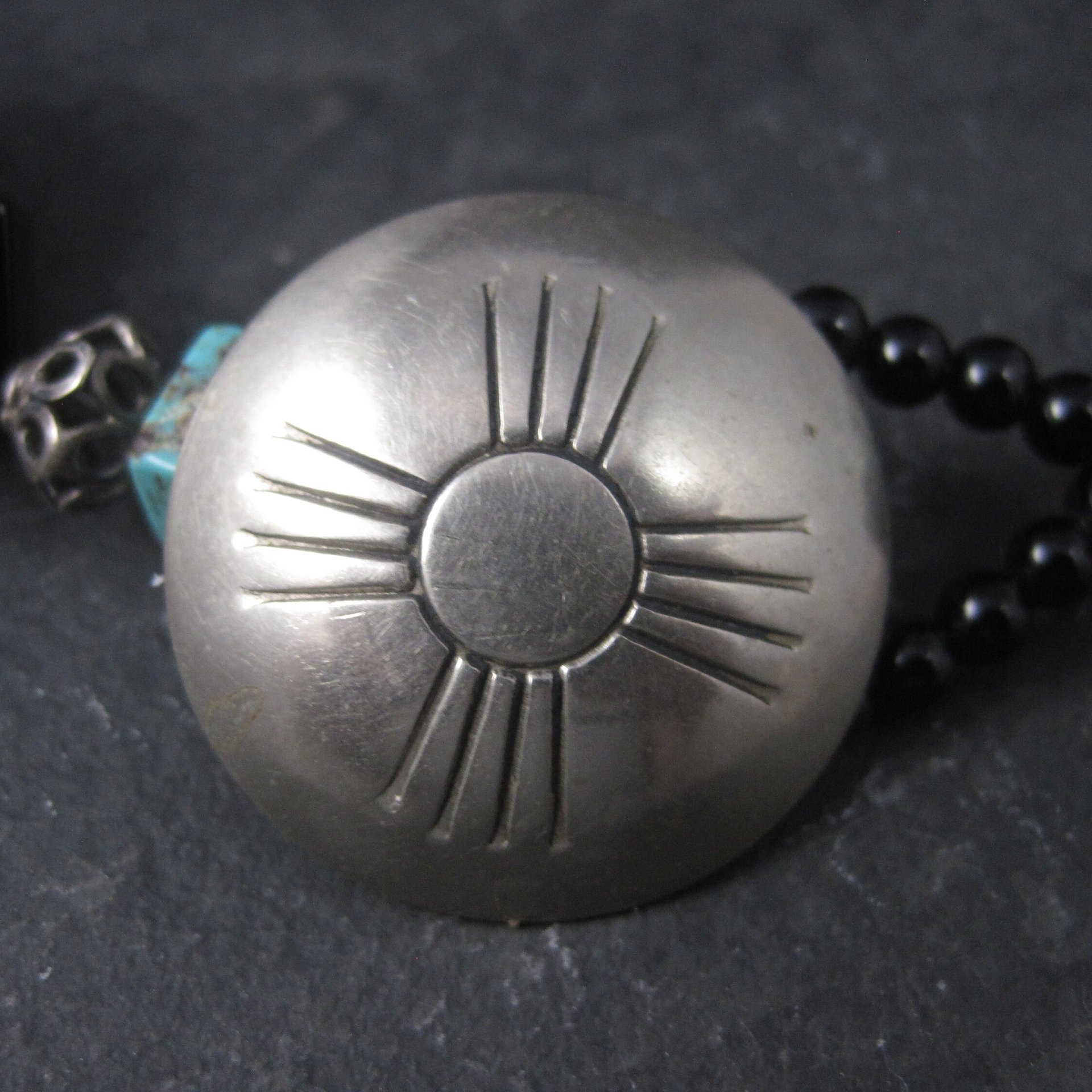 Estate Southwestern Sterling Turquoise Kukui Nut Necklace 20 Inches