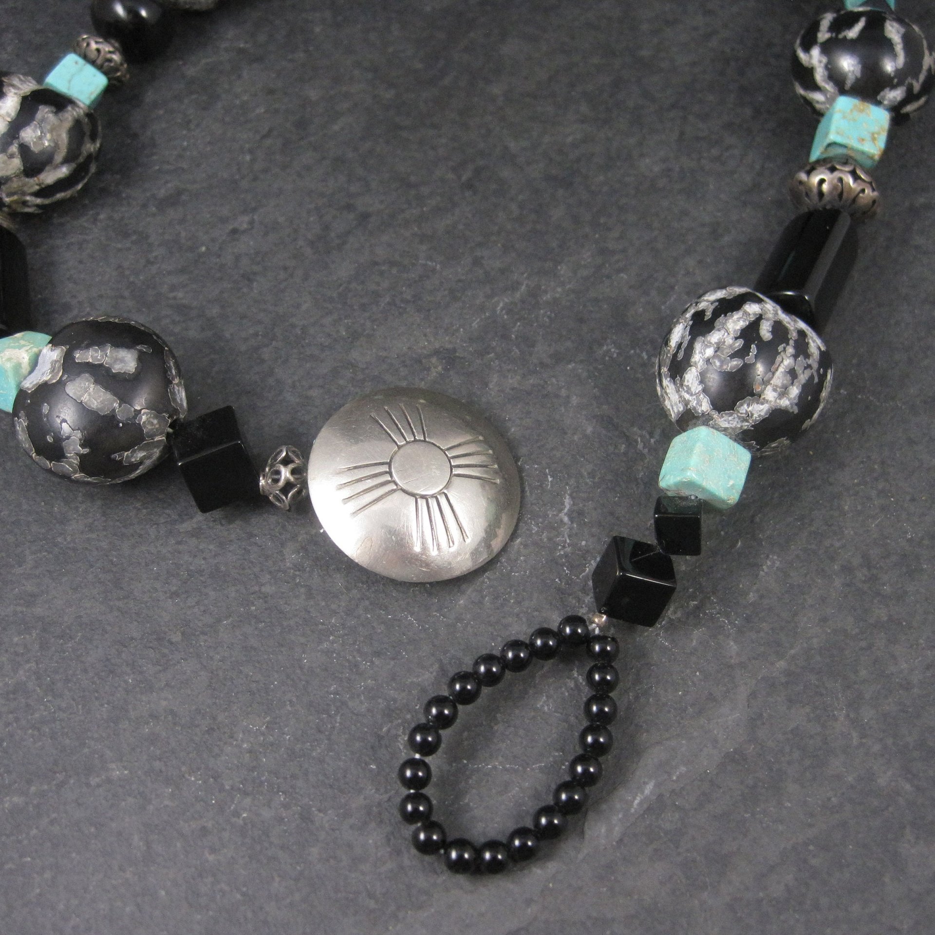 Estate Southwestern Sterling Turquoise Kukui Nut Necklace 20 Inches