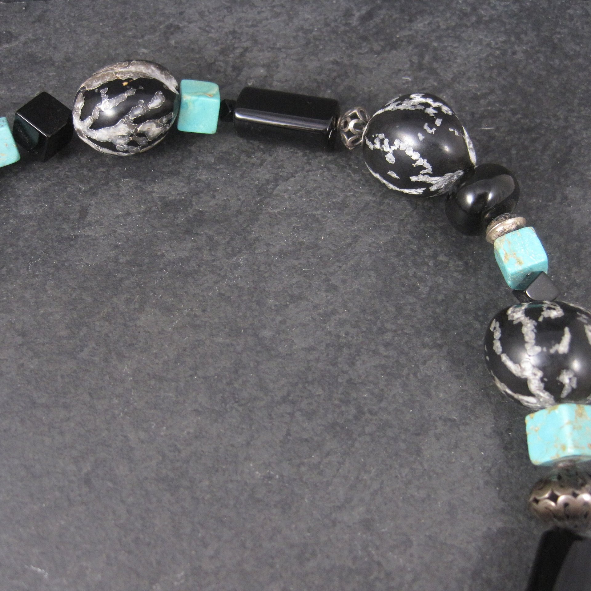 Estate Southwestern Sterling Turquoise Kukui Nut Necklace 20 Inches