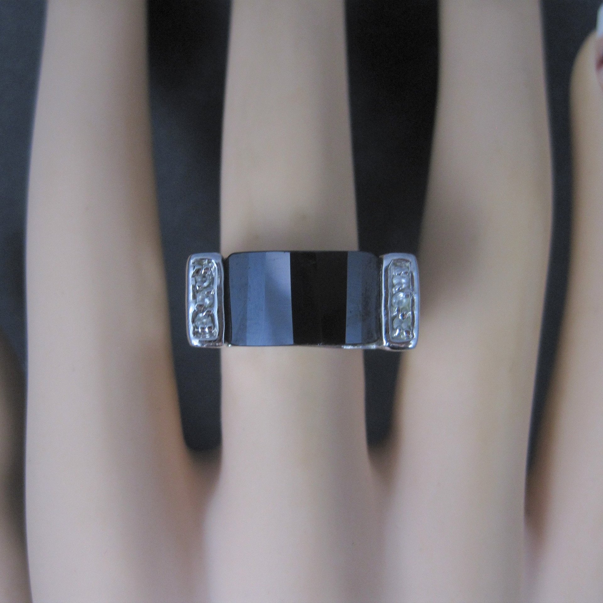 Vintage Sterling Faceted Onyx Celestial Ring Size 8