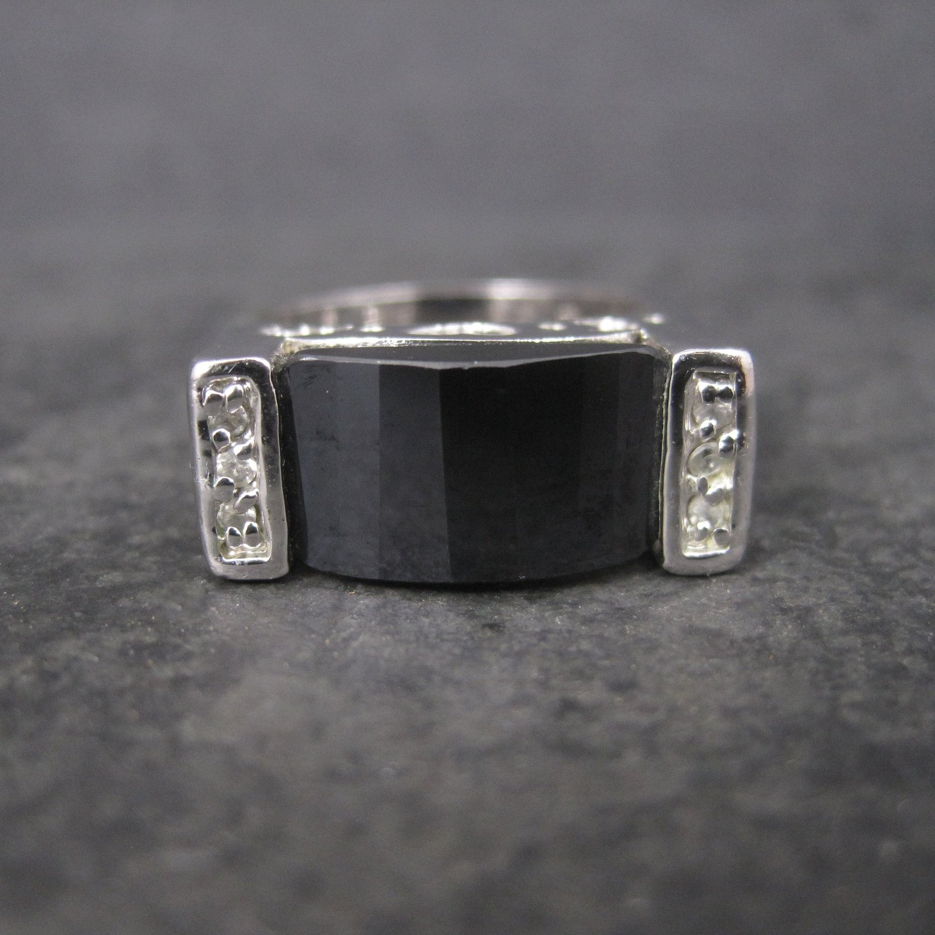 Vintage Sterling Faceted Onyx Celestial Ring Size 8