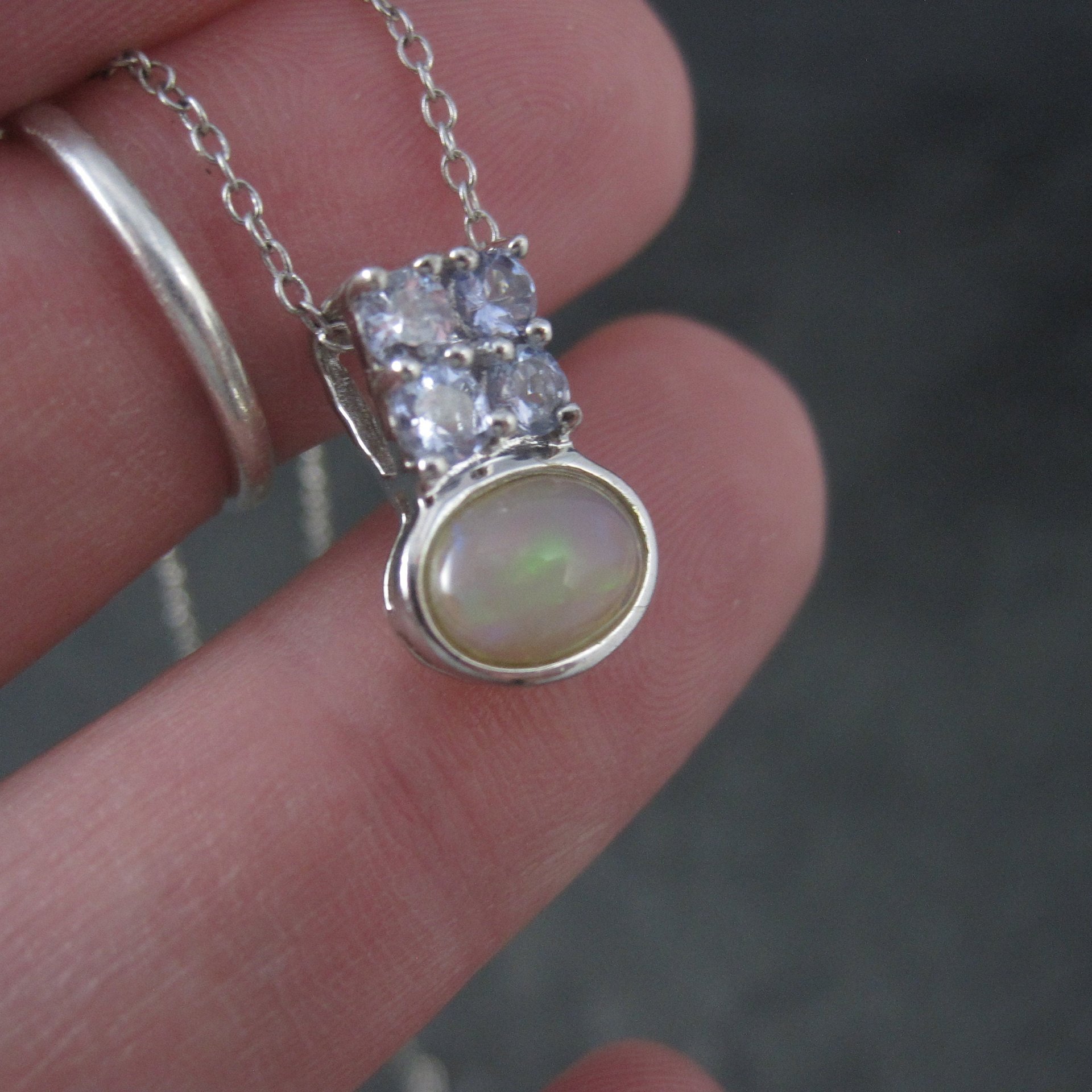 Vintage Sterling Opal Tanzanite Pendant Necklace