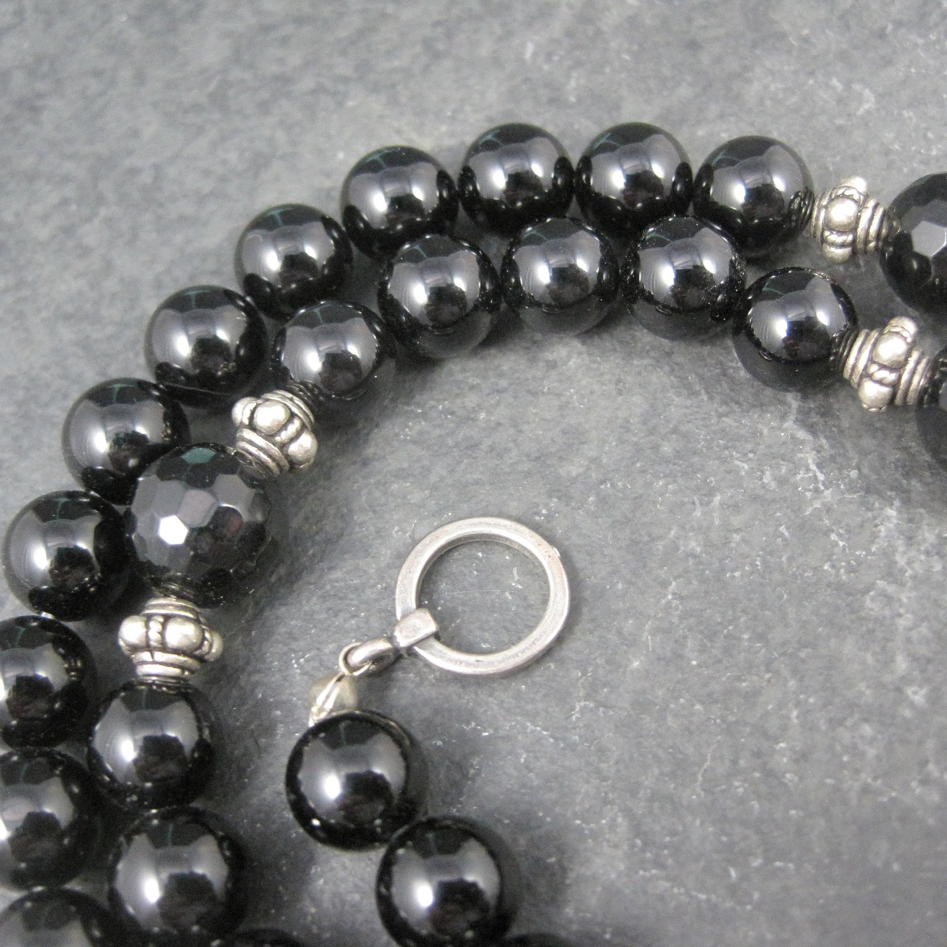 Vintage Sterling Black Crystal Onyx Bead Necklace 19.5 Inches
