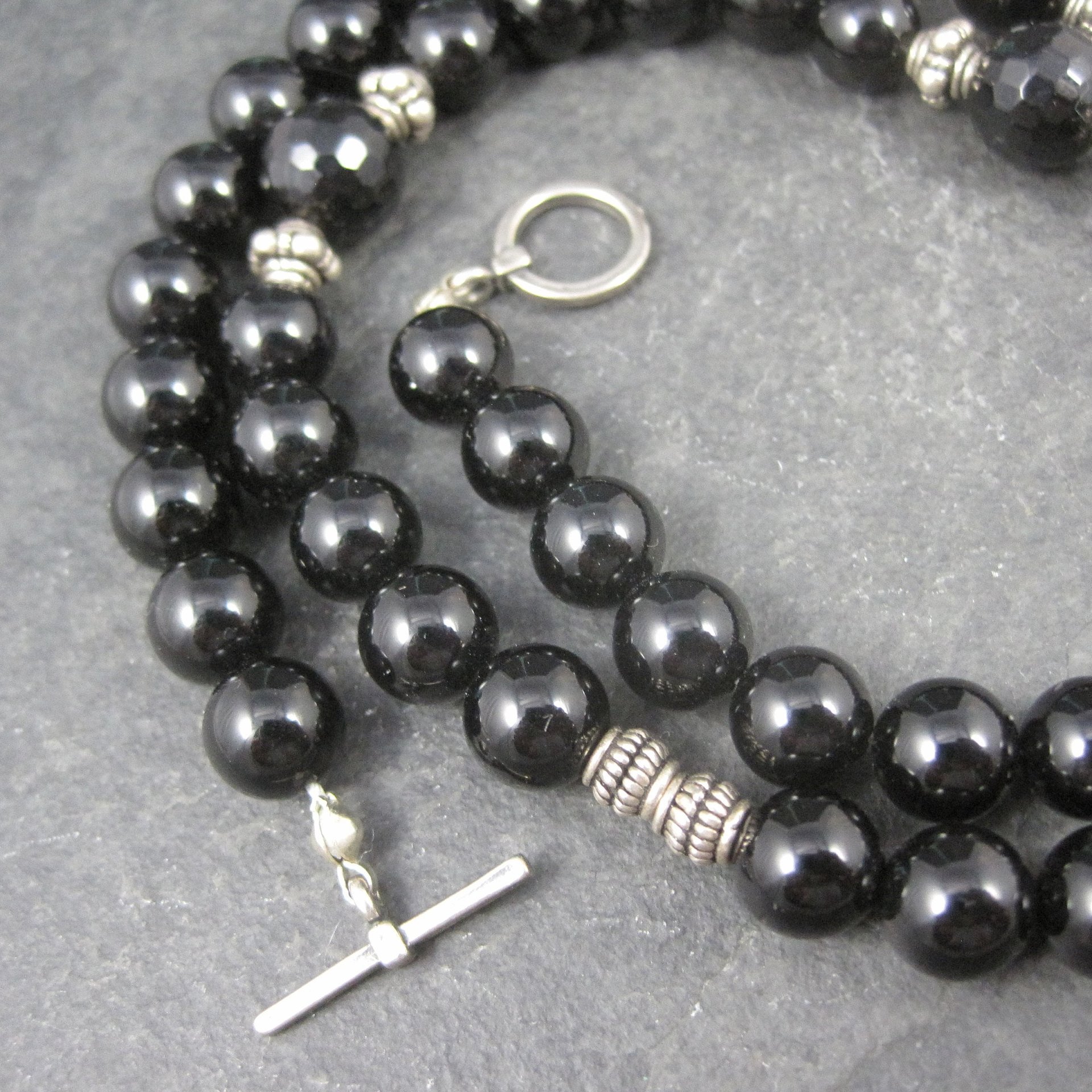 Vintage Sterling Black Crystal Onyx Bead Necklace 19.5 Inches