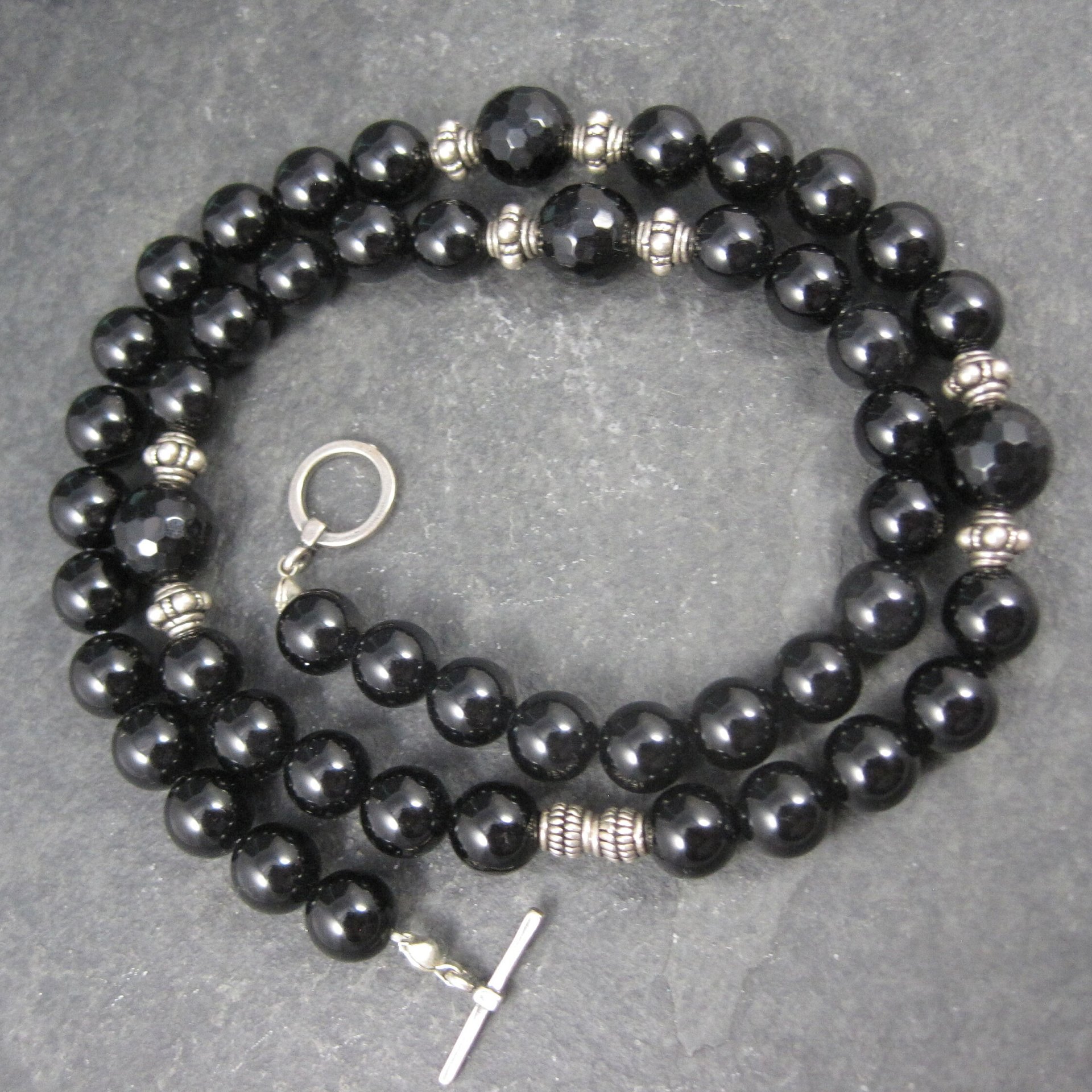 Vintage Sterling Black Crystal Onyx Bead Necklace 19.5 Inches