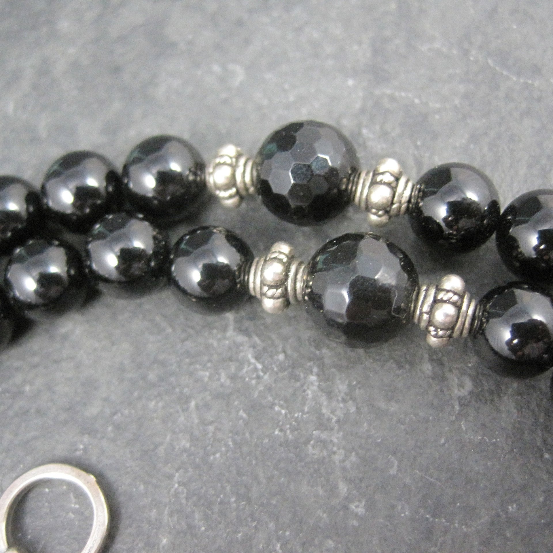 Vintage Sterling Black Crystal Onyx Bead Necklace 19.5 Inches
