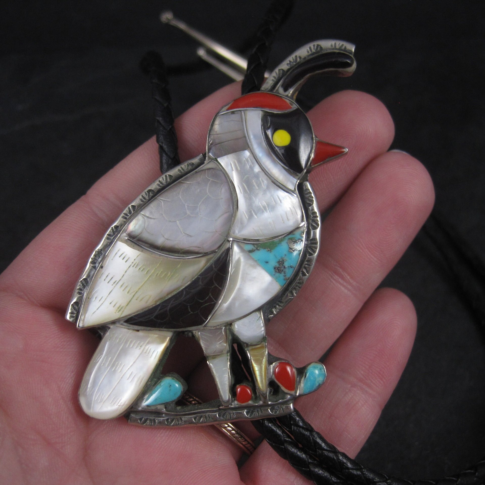 Large Vintage Southwestern Sterling Inlay Quail Bolo Tie