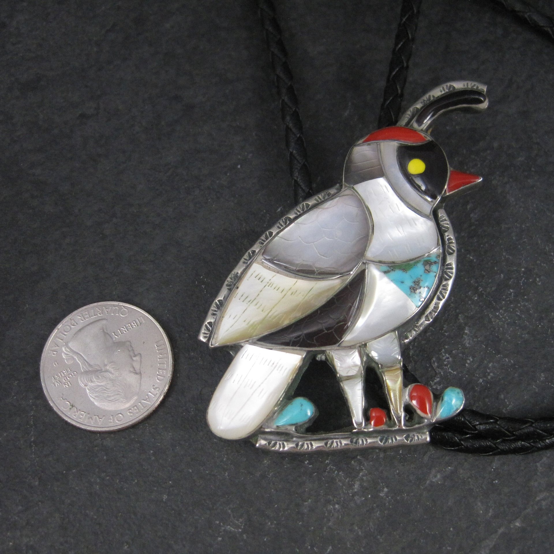 Large Vintage Southwestern Sterling Inlay Quail Bolo Tie