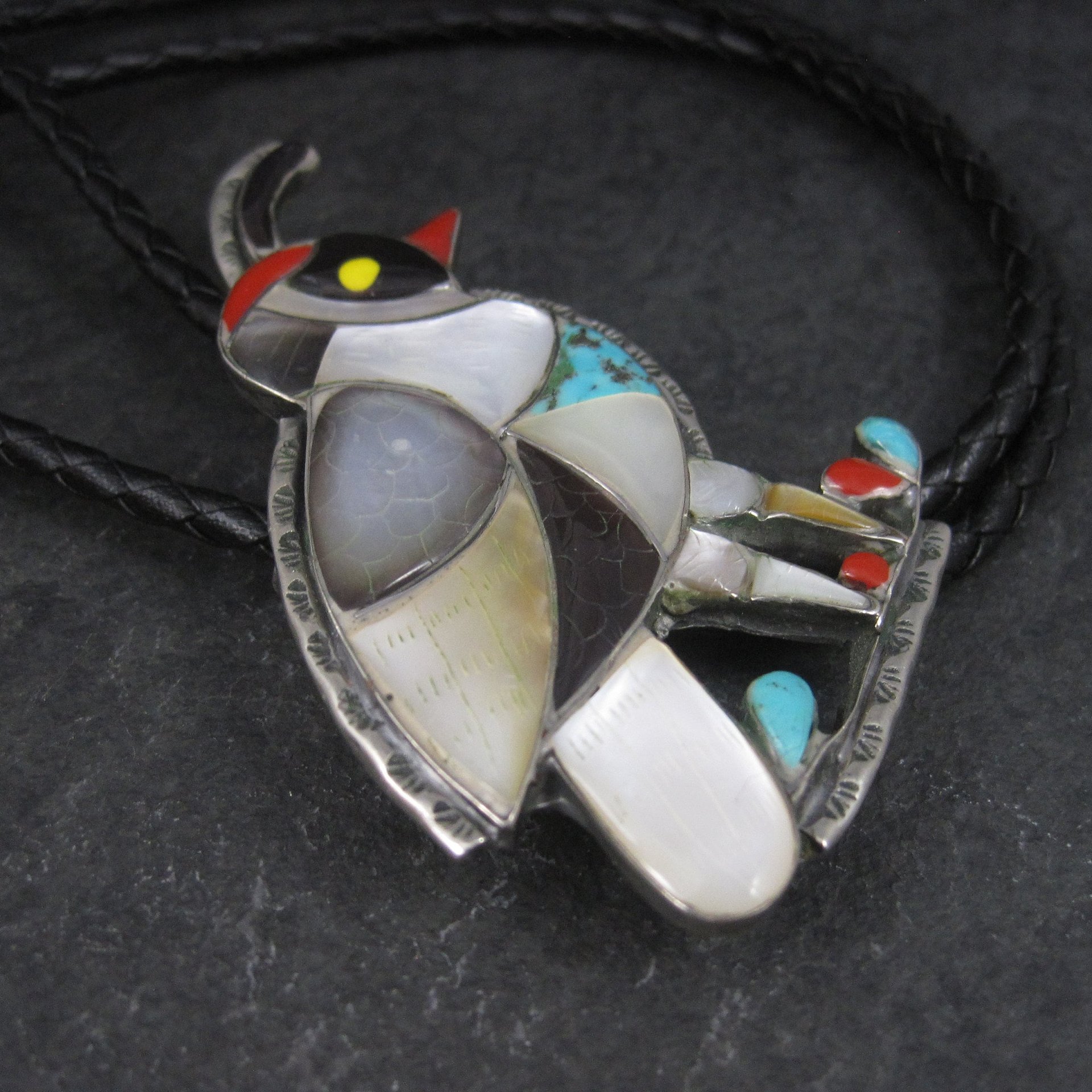 Large Vintage Southwestern Sterling Inlay Quail Bolo Tie