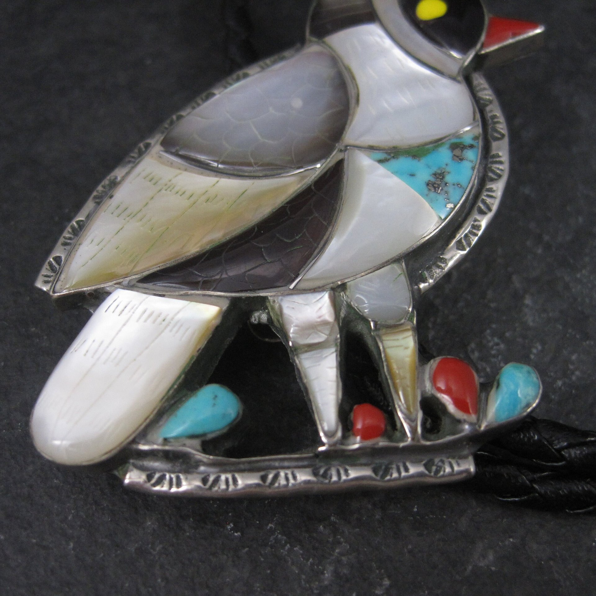 Large Vintage Southwestern Sterling Inlay Quail Bolo Tie