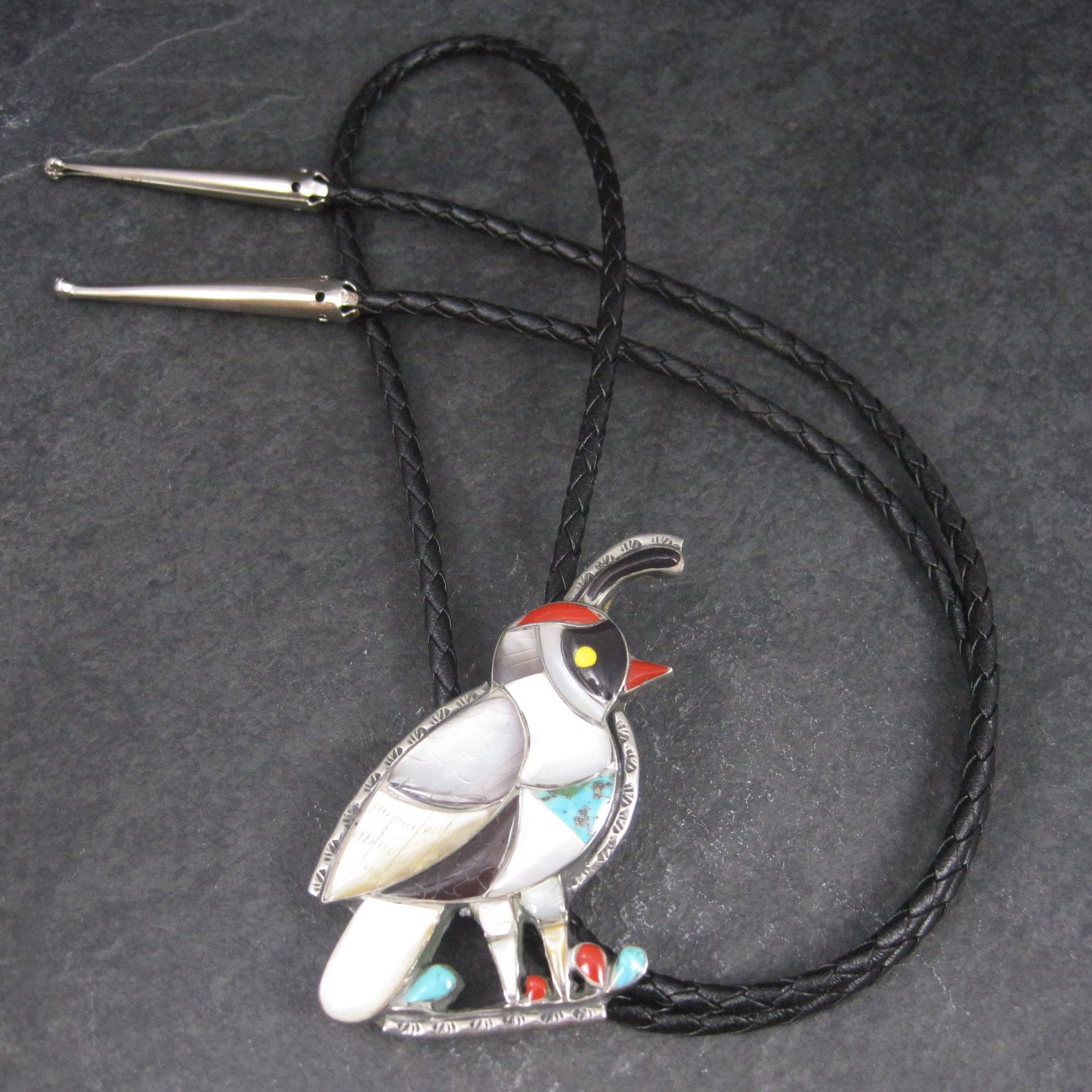 Large Vintage Southwestern Sterling Inlay Quail Bolo Tie