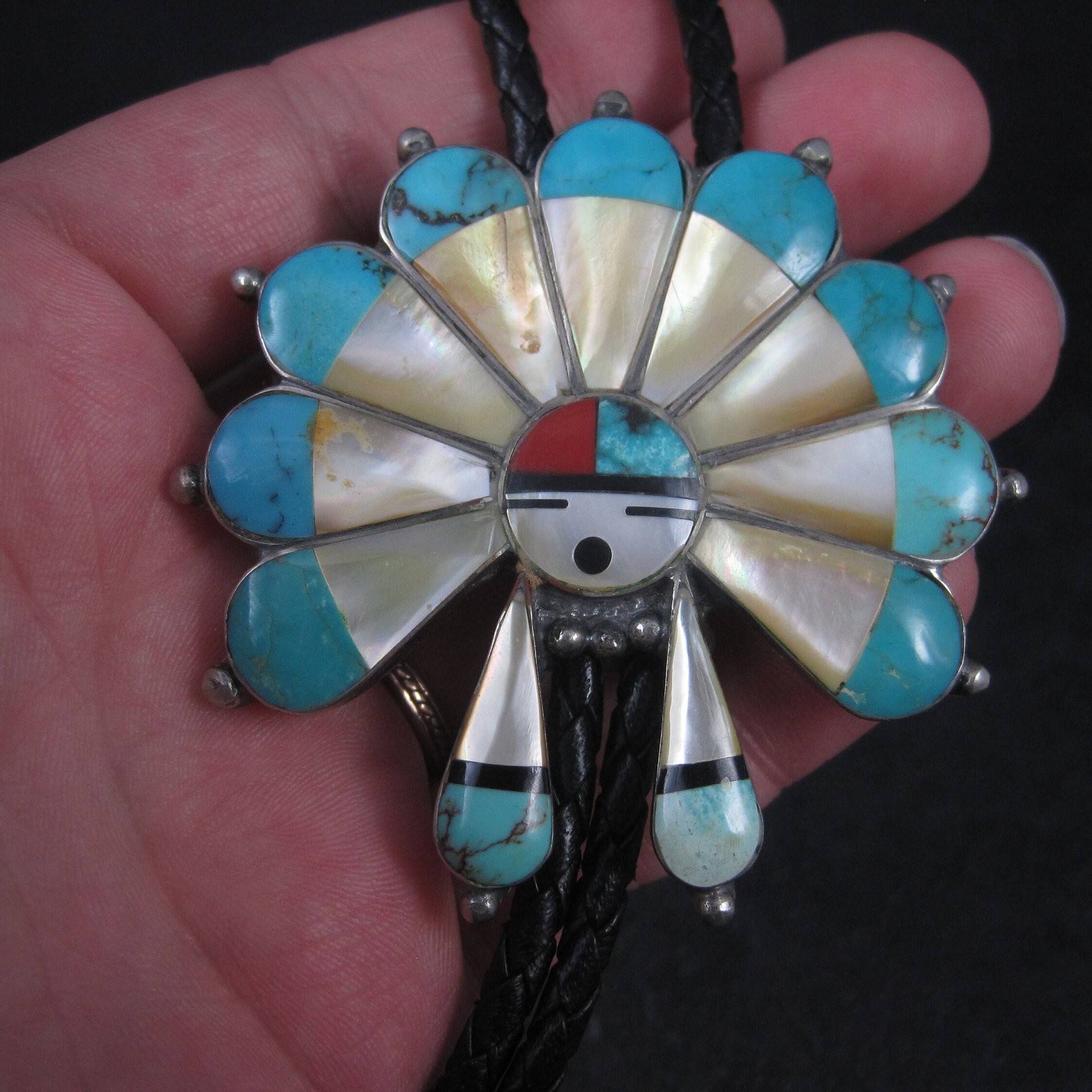 Large Vintage Sterling Turquoise Inlaid Sunface Bolo Tie