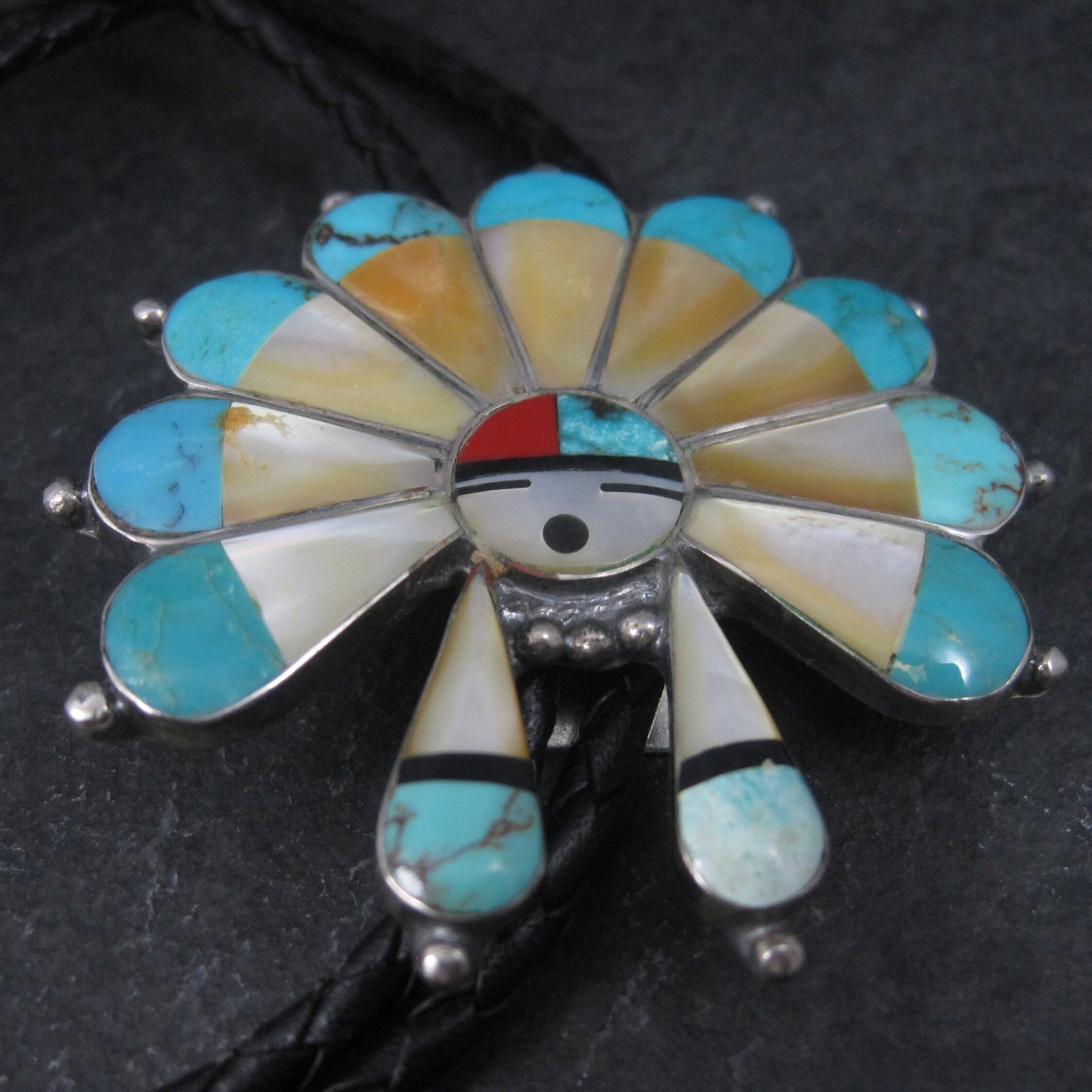Large Vintage Sterling Turquoise Inlaid Sunface Bolo Tie