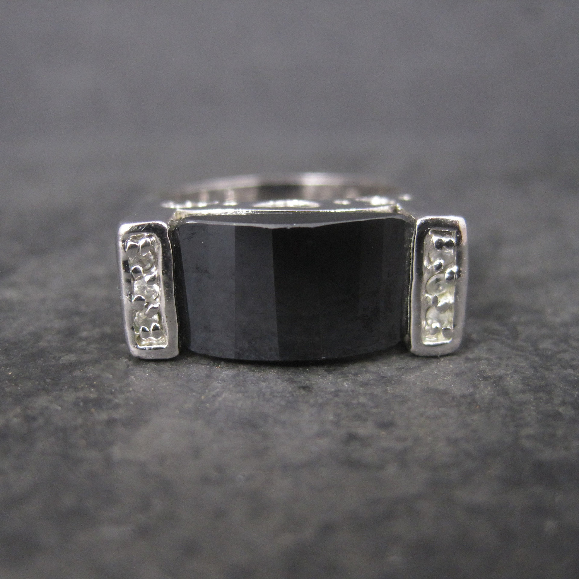 Vintage Sterling Faceted Onyx Celestial Ring Size 8