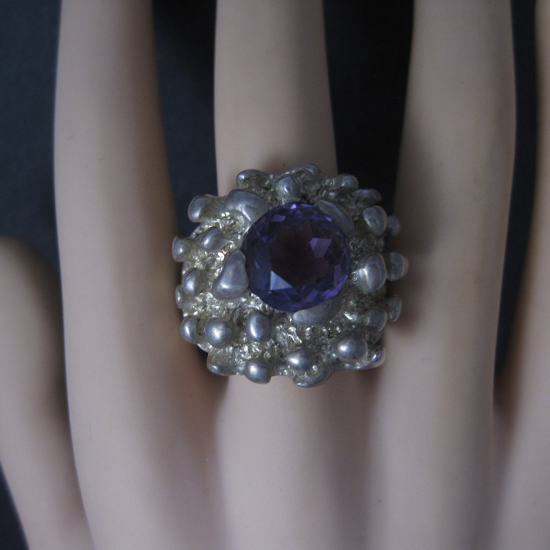 Heavy Vintage Mexican Sterling Amethyst Freeform Ring Size 11