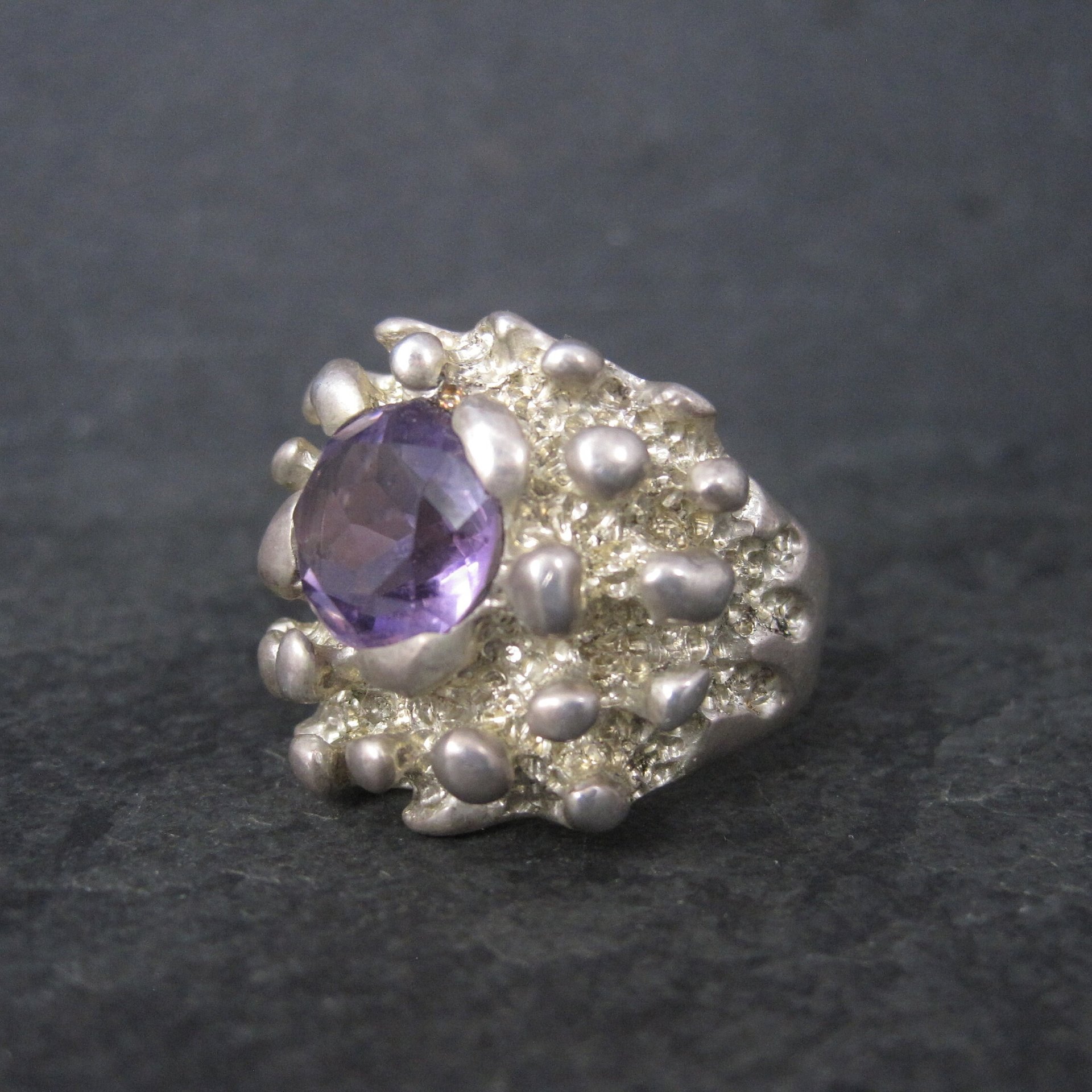 Heavy Vintage Mexican Sterling Amethyst Freeform Ring Size 11