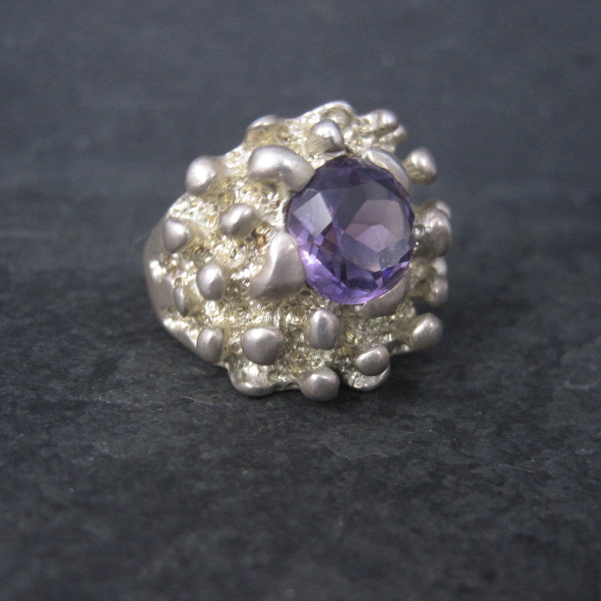 Heavy Vintage Mexican Sterling Amethyst Freeform Ring Size 11