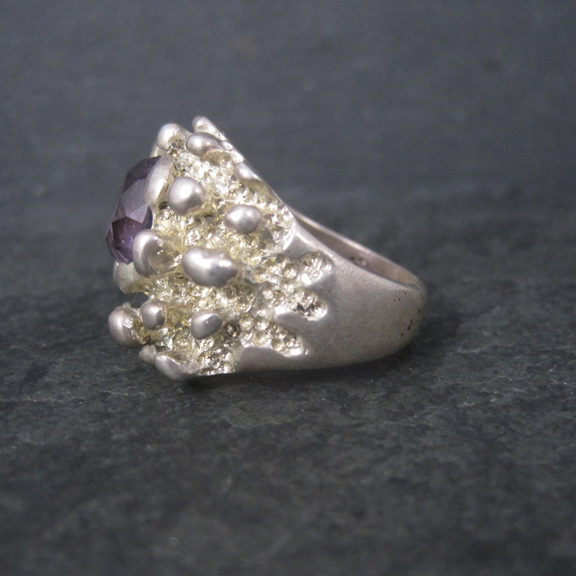 Heavy Vintage Mexican Sterling Amethyst Freeform Ring Size 11