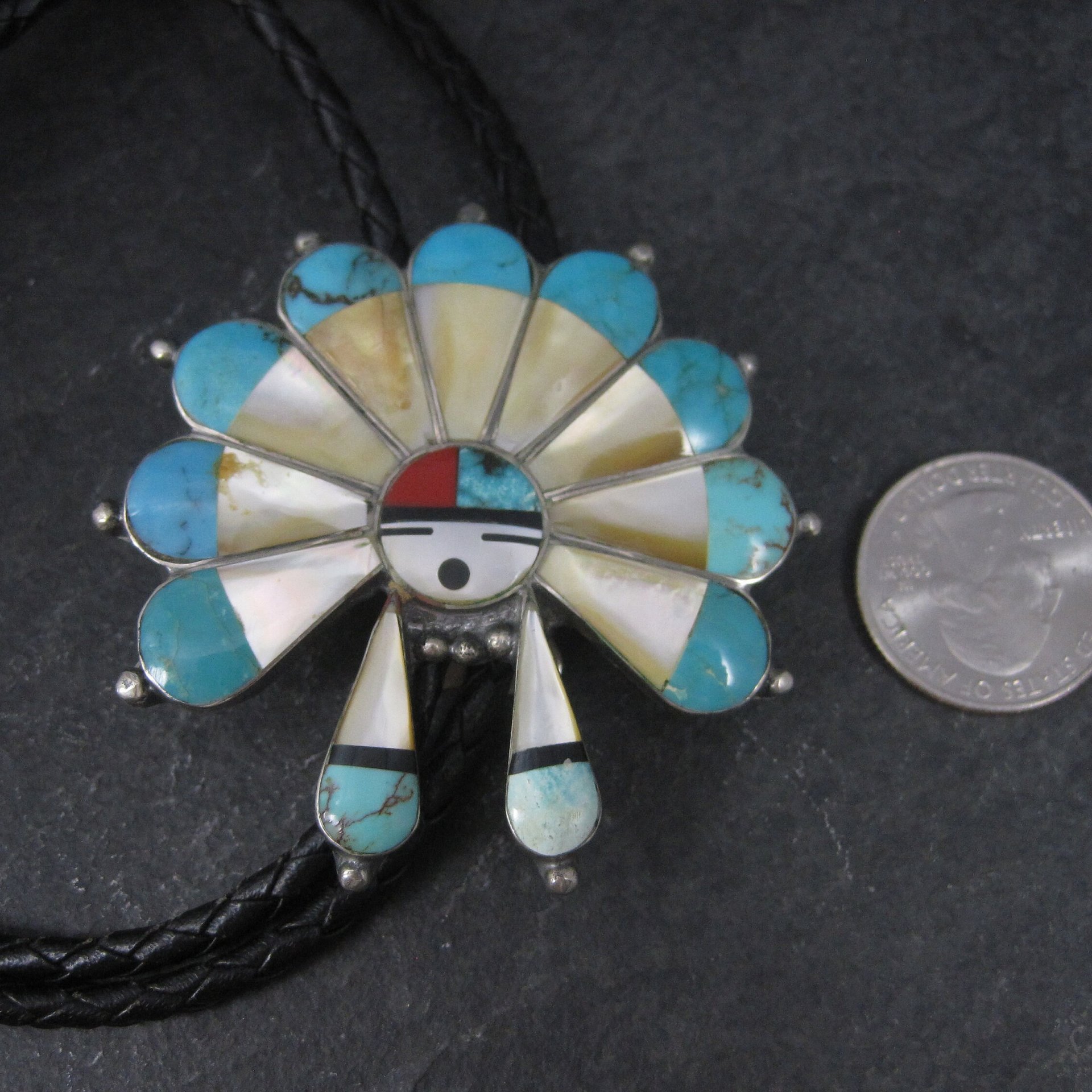 Large Vintage Sterling Turquoise Inlaid Sunface Bolo Tie