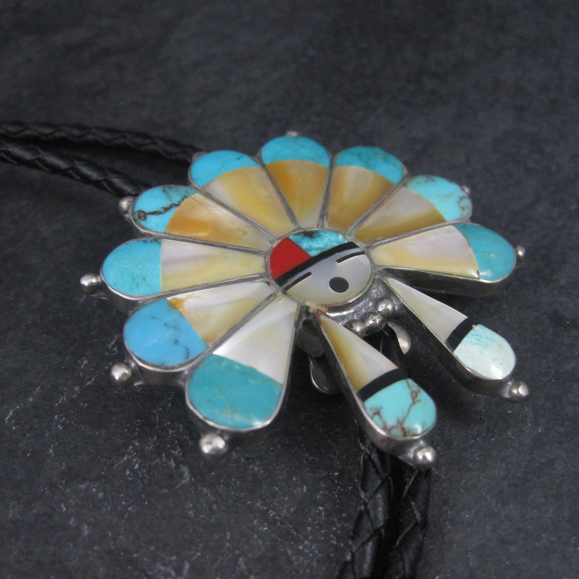 Large Vintage Sterling Turquoise Inlaid Sunface Bolo Tie