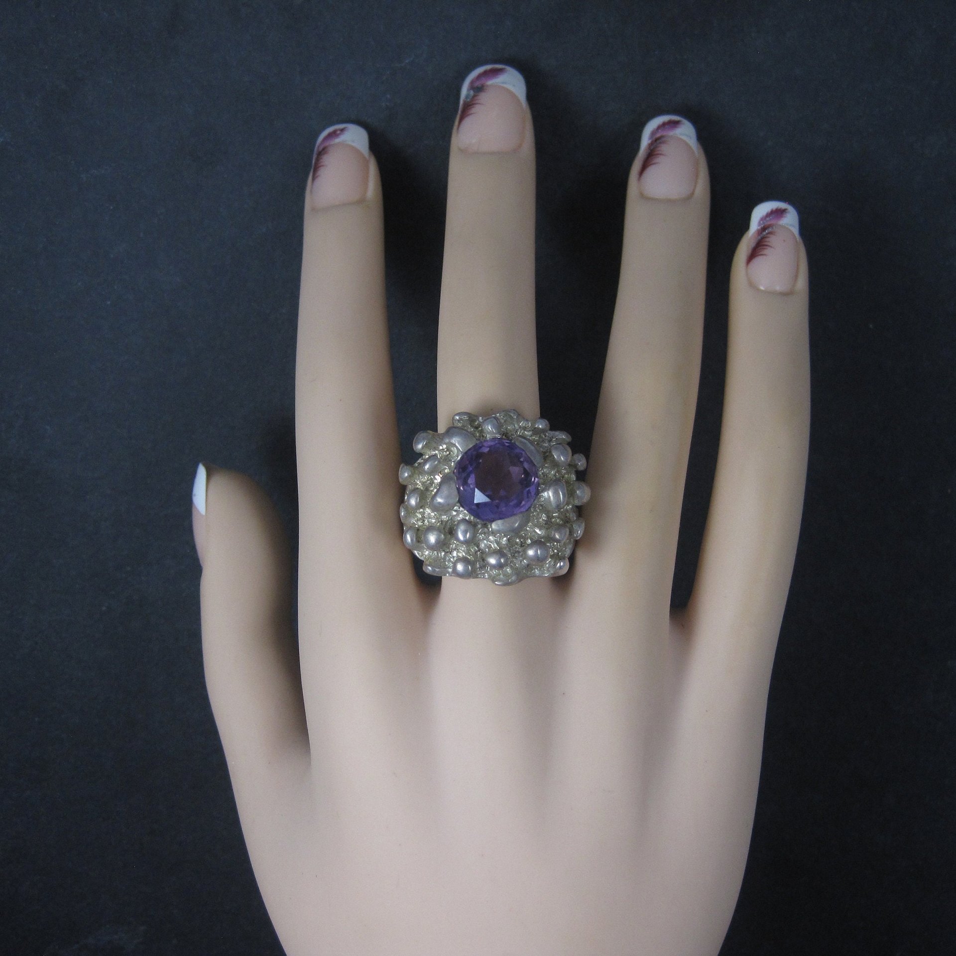Heavy Vintage Mexican Sterling Amethyst Freeform Ring Size 11