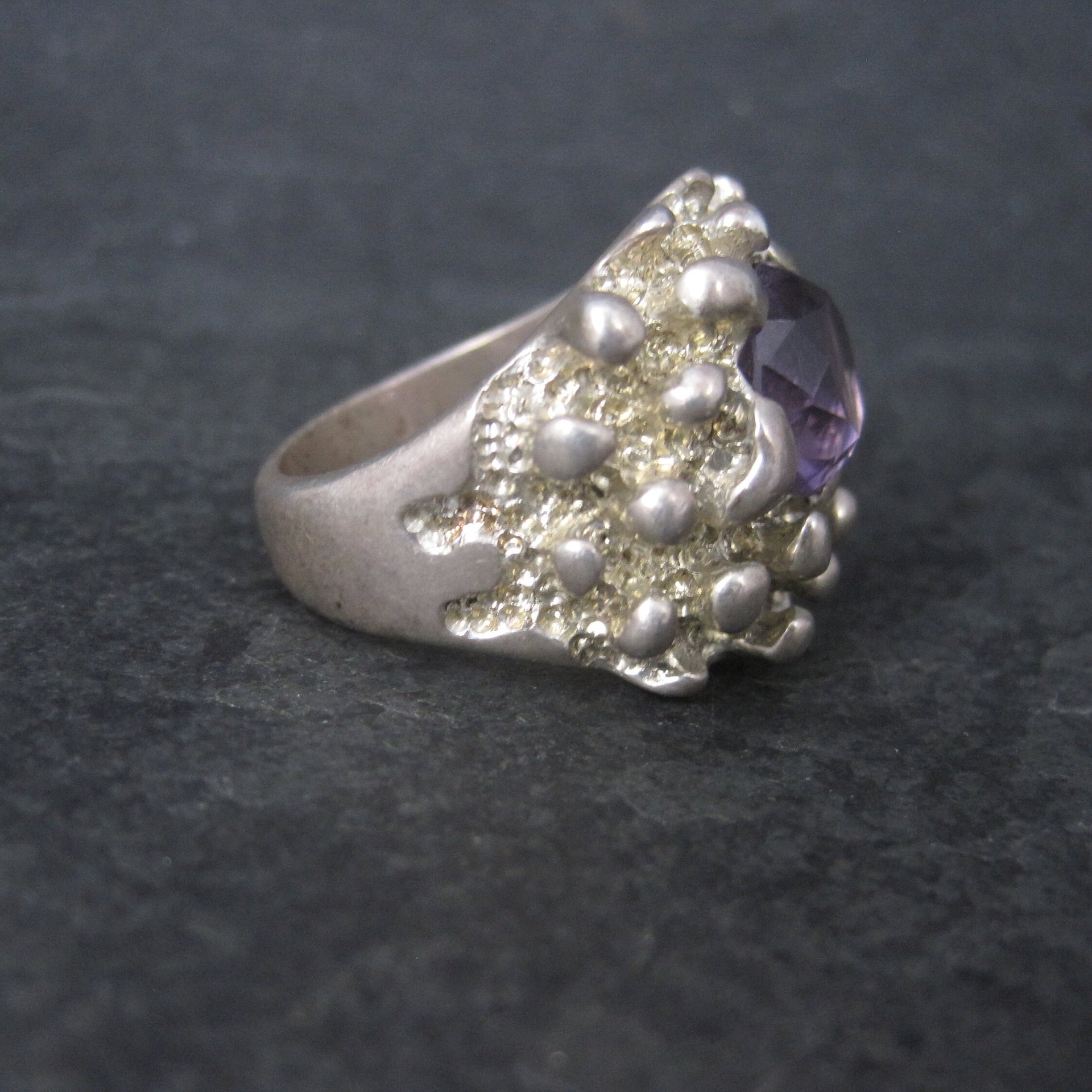 Heavy Vintage Mexican Sterling Amethyst Freeform Ring Size 11