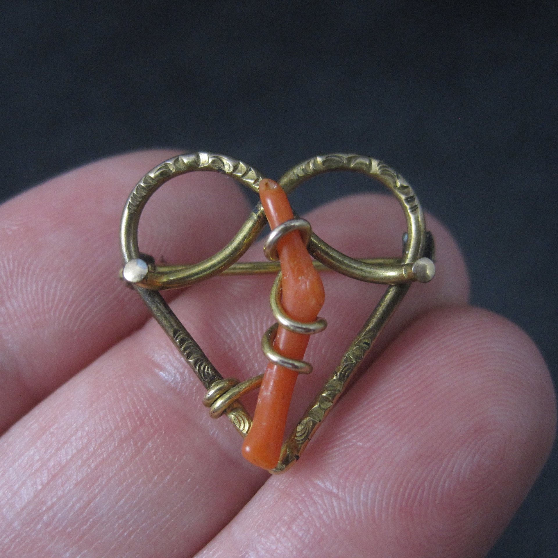 Antique Gold Filled Coral Heart Brooch Pin