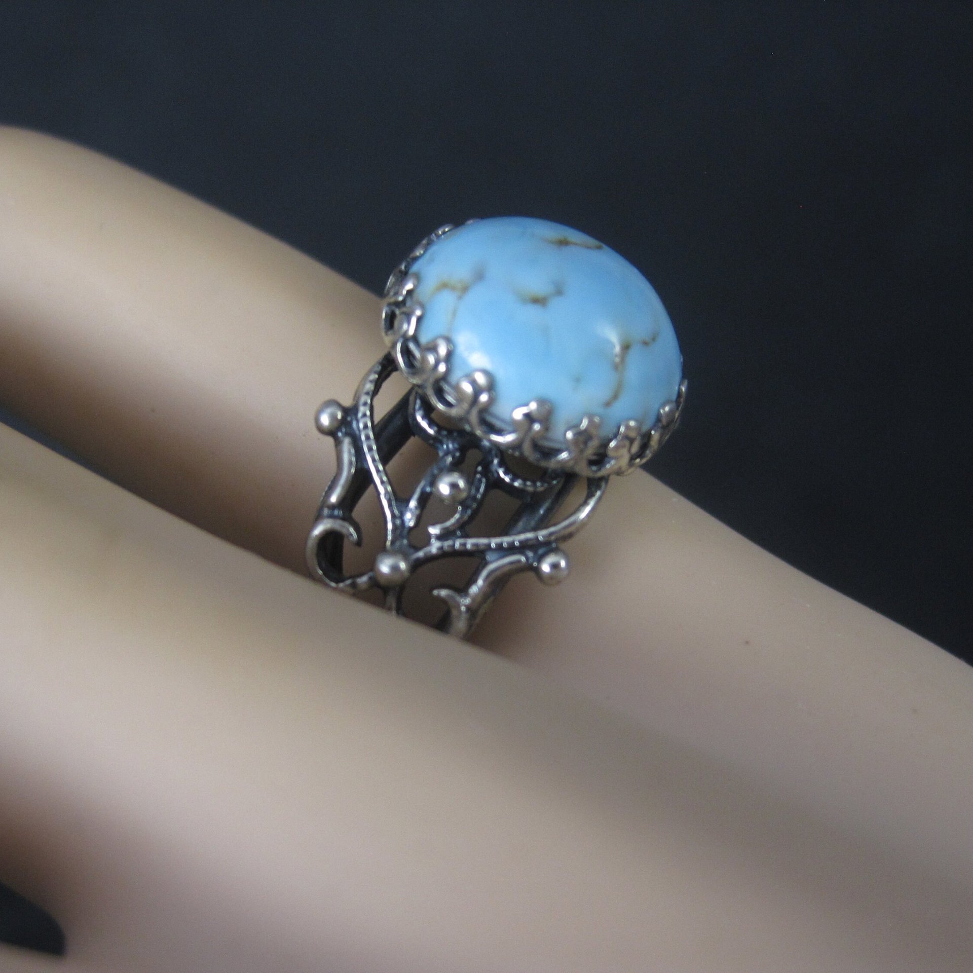 Vintage Adjustable Sterling Blue Art Glass Ring Size 5.5