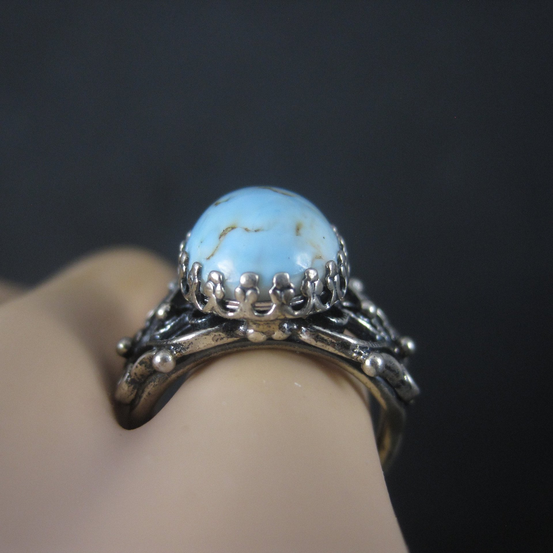 Vintage Adjustable Sterling Blue Art Glass Ring Size 5.5