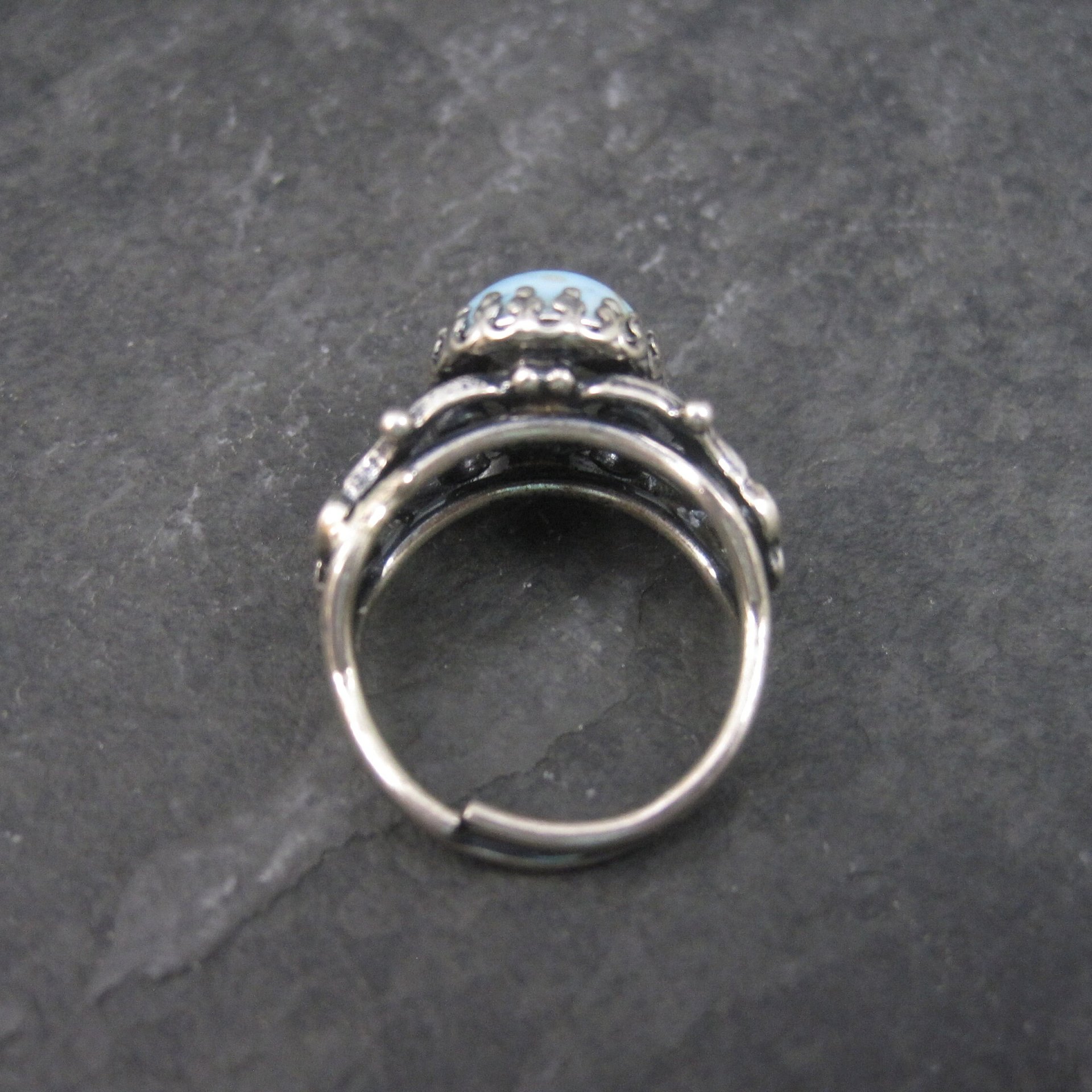 Vintage Adjustable Sterling Blue Art Glass Ring Size 5.5