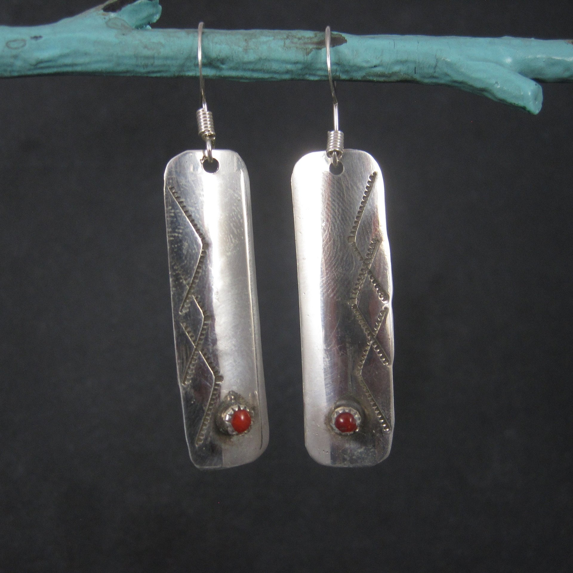 Long Vintage Southwestern Sterling Coral Earrings