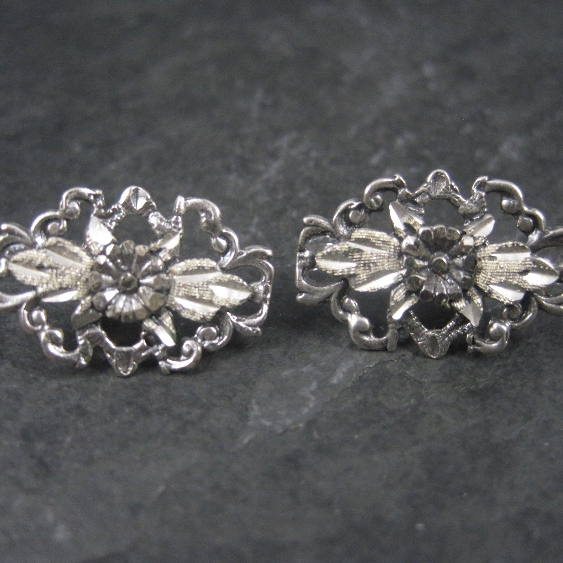 Vintage Sterling Diamond Cut Flower Earrings Langers Black Hills Silver Jewelry