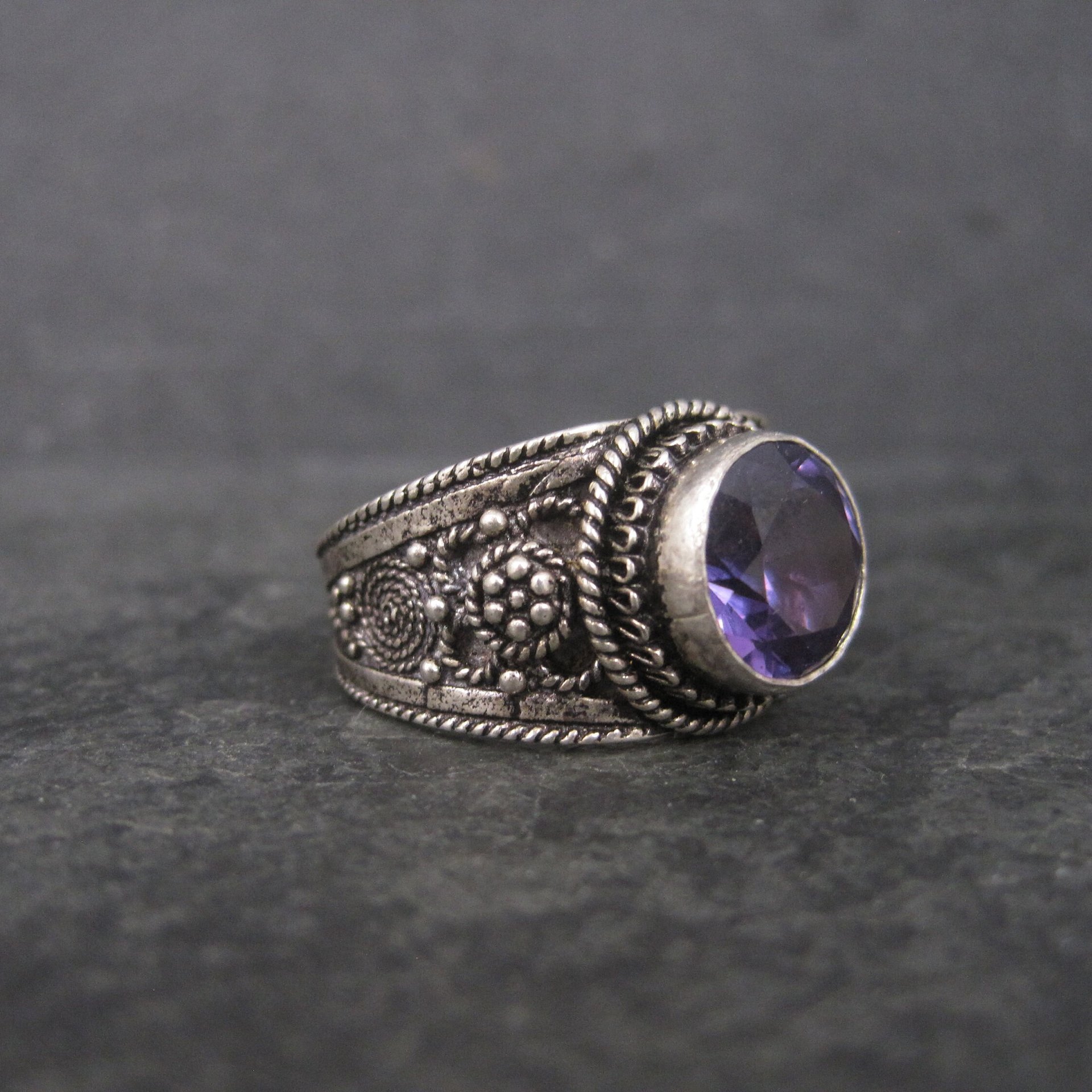 Estate 950 Silver Synthetic Purple Sapphire Ring Size 9