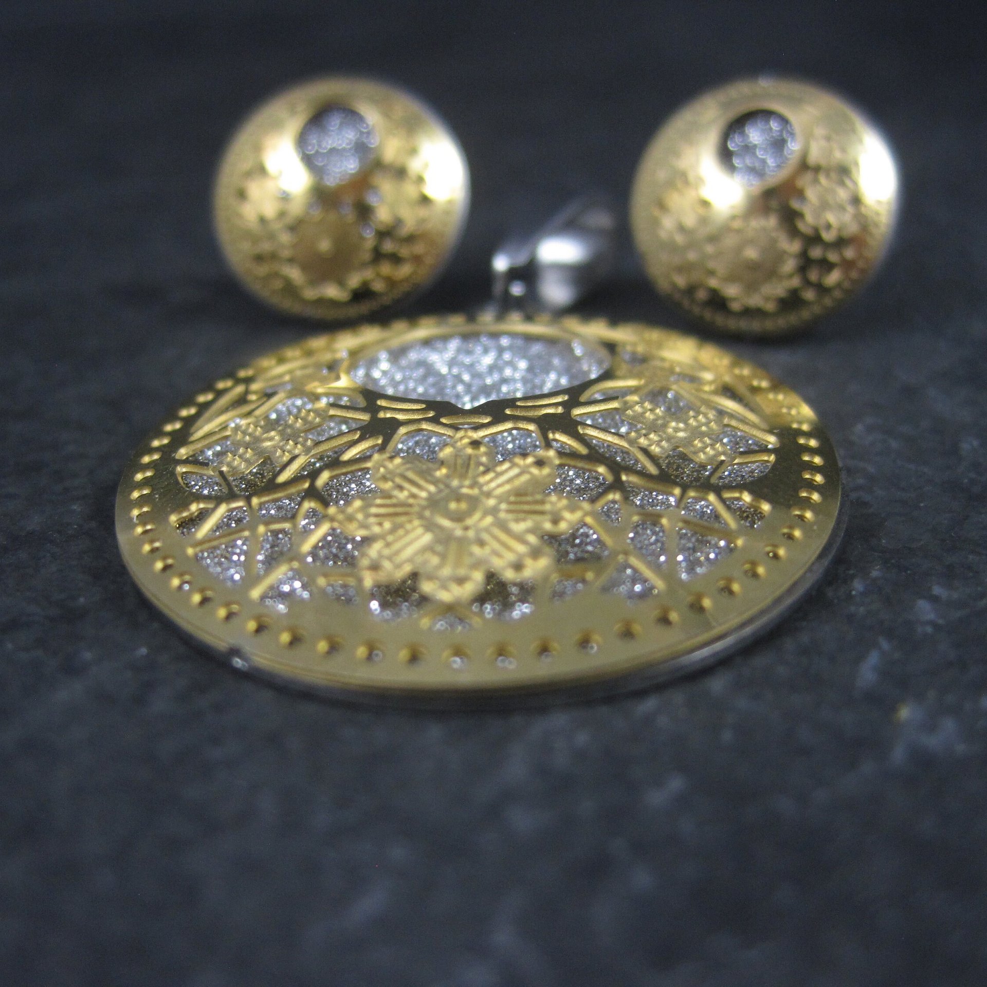 Estate Filigree Floral Pendant Earrings Jewelry Set Stainless Steel