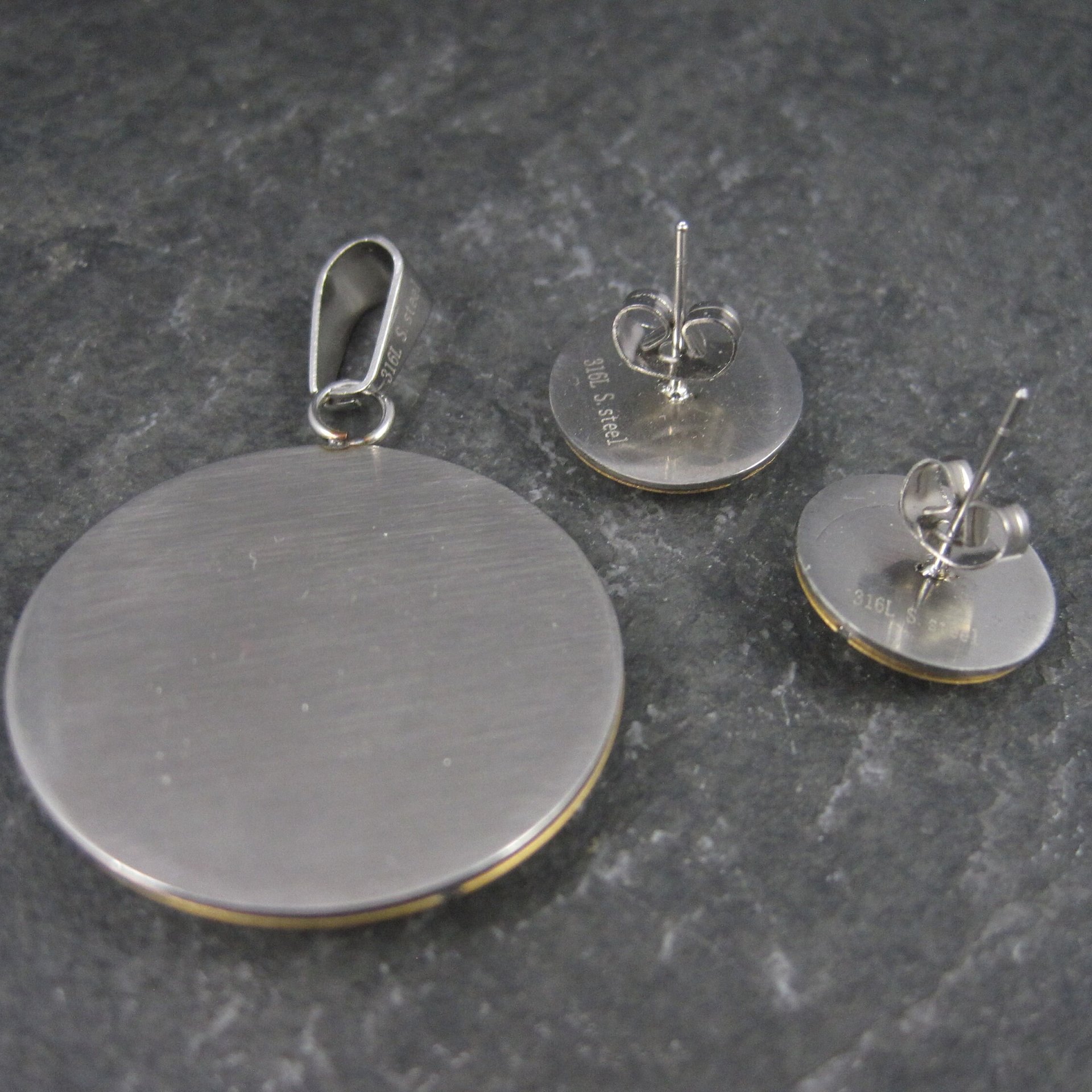 Estate Filigree Floral Pendant Earrings Jewelry Set Stainless Steel