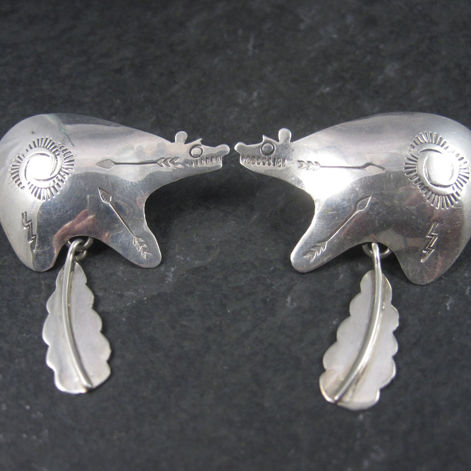 Large Sterling Southwestern Feather Bear Earrings