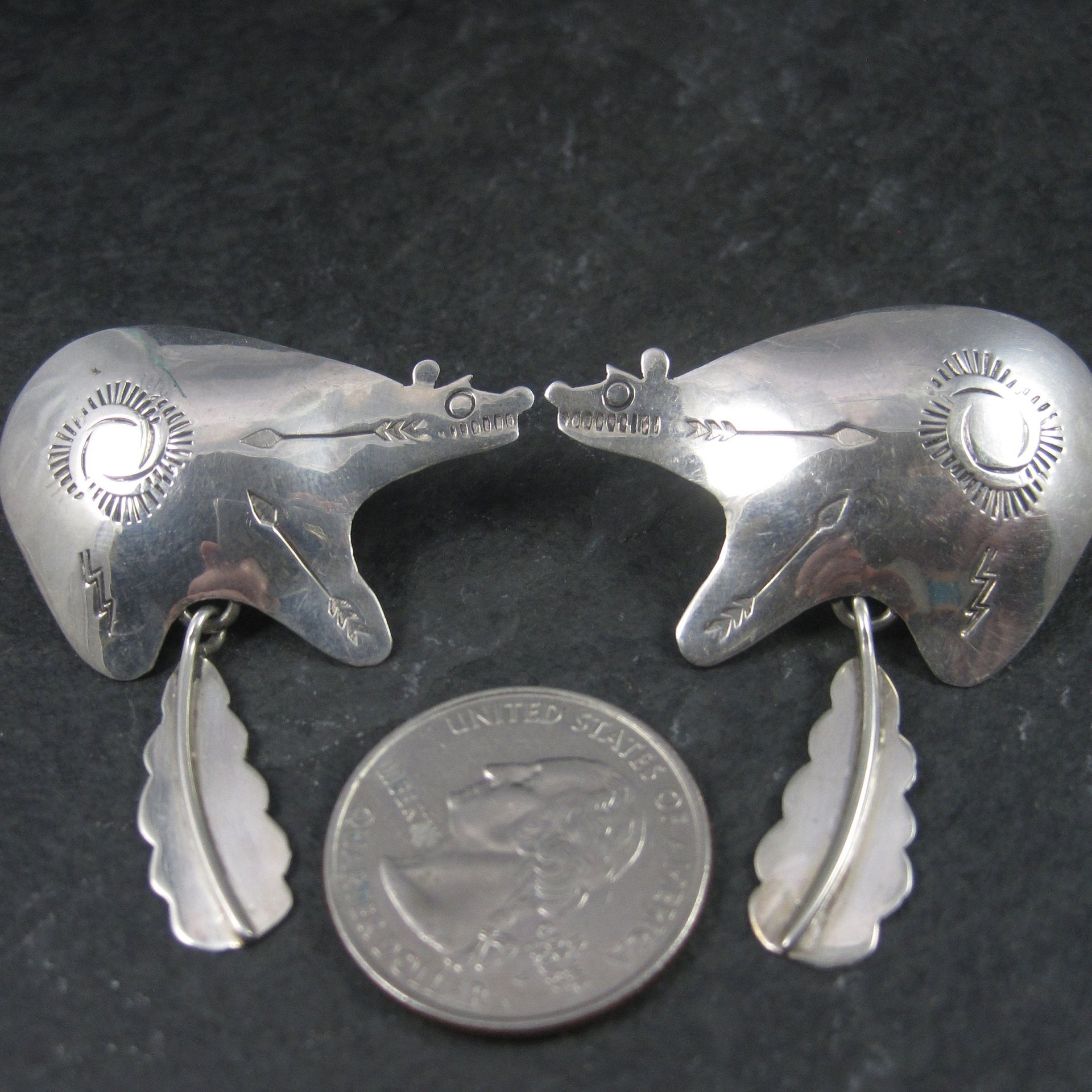 Large Sterling Southwestern Feather Bear Earrings