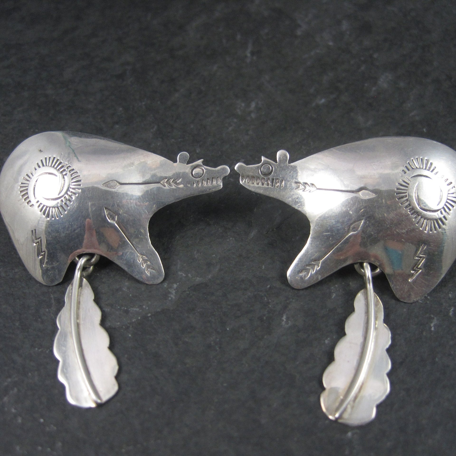 Large Sterling Southwestern Feather Bear Earrings