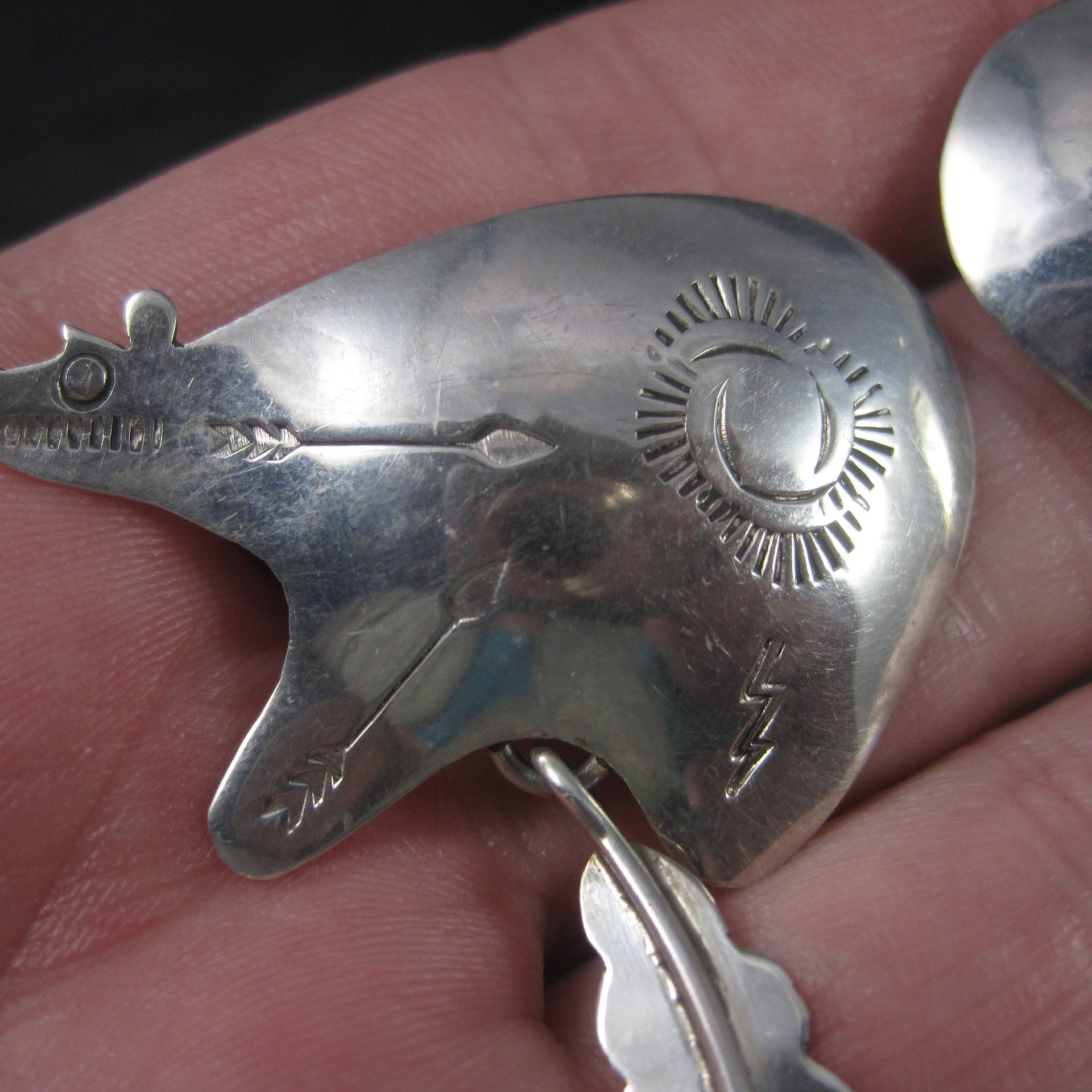 Large Sterling Southwestern Feather Bear Earrings