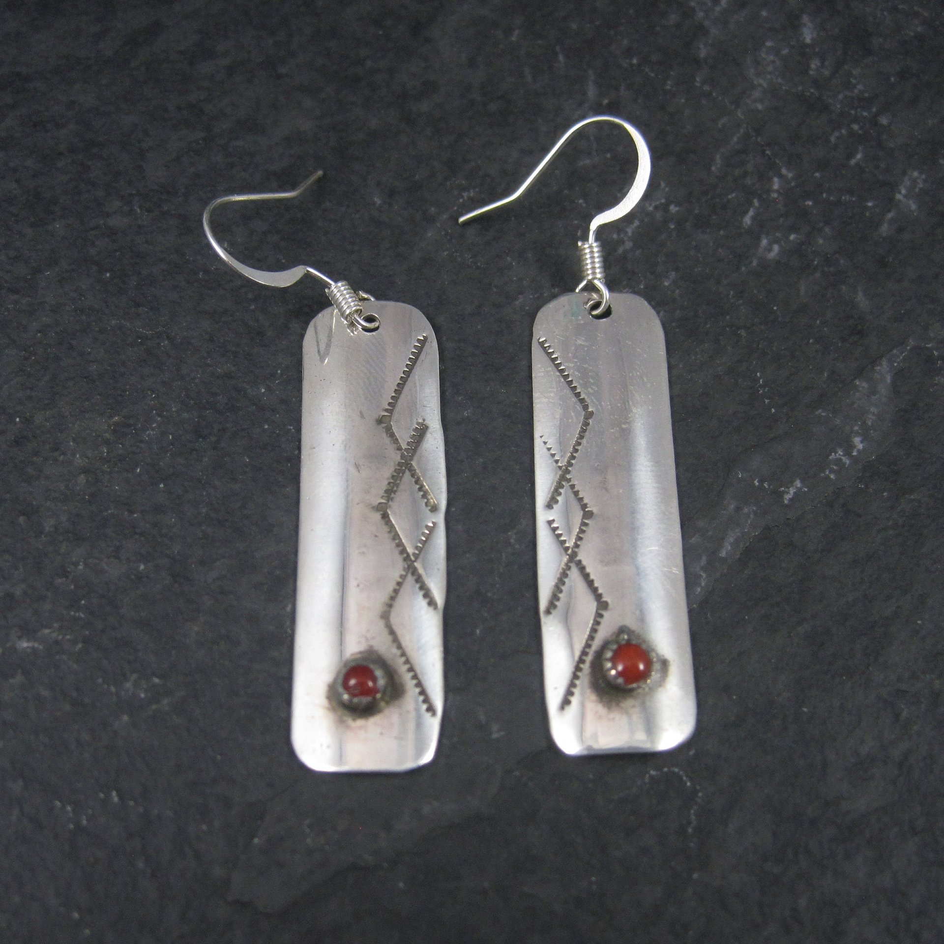 Long Vintage Southwestern Sterling Coral Earrings