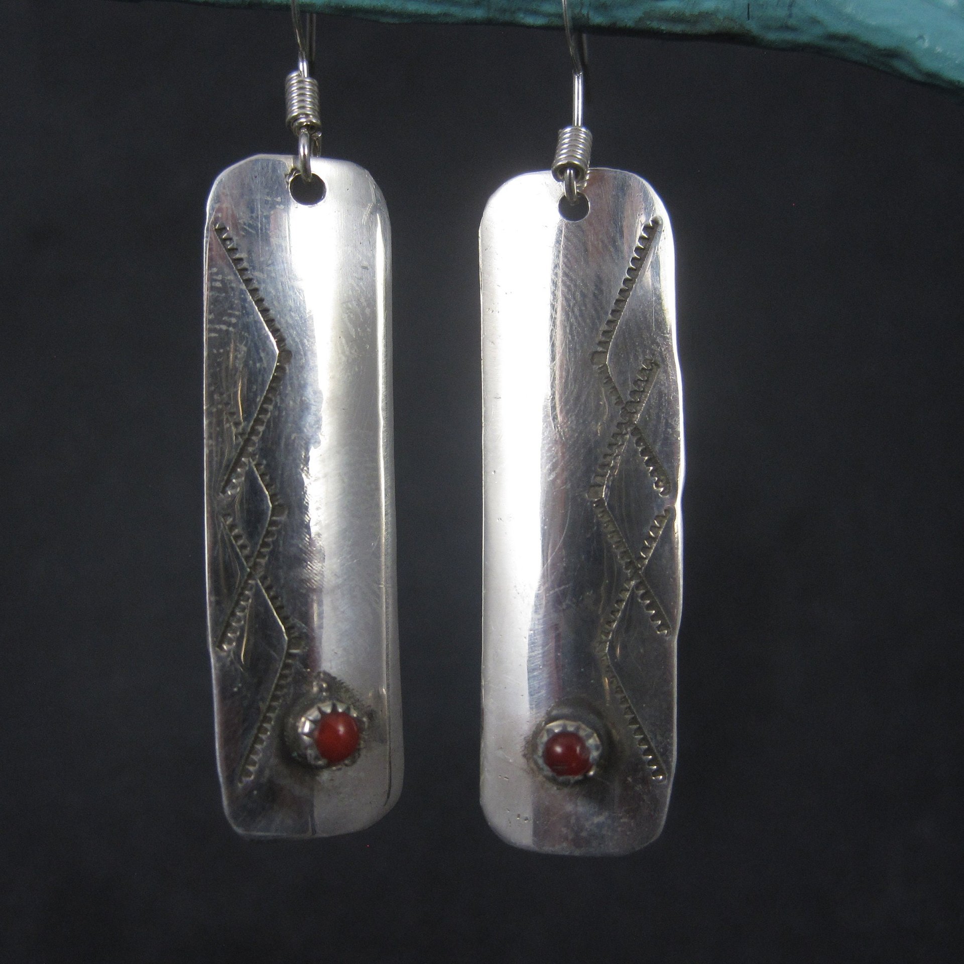 Long Vintage Southwestern Sterling Coral Earrings